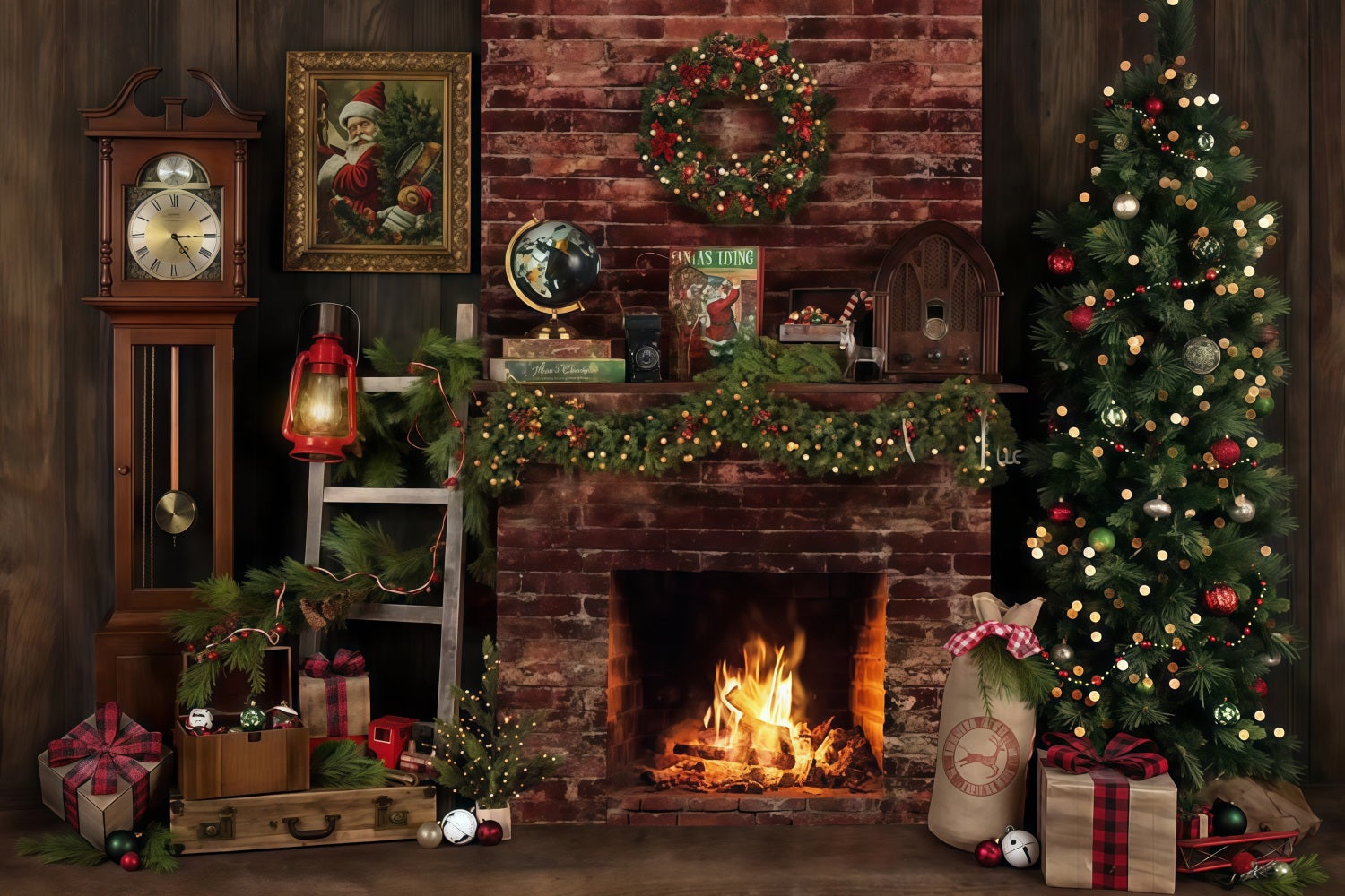 Weihnachts-Kamin-Fotohintergrund Rustikaler Kamin-Dekor Weihnachtsfoto-Fotohintergrund MRR9-129