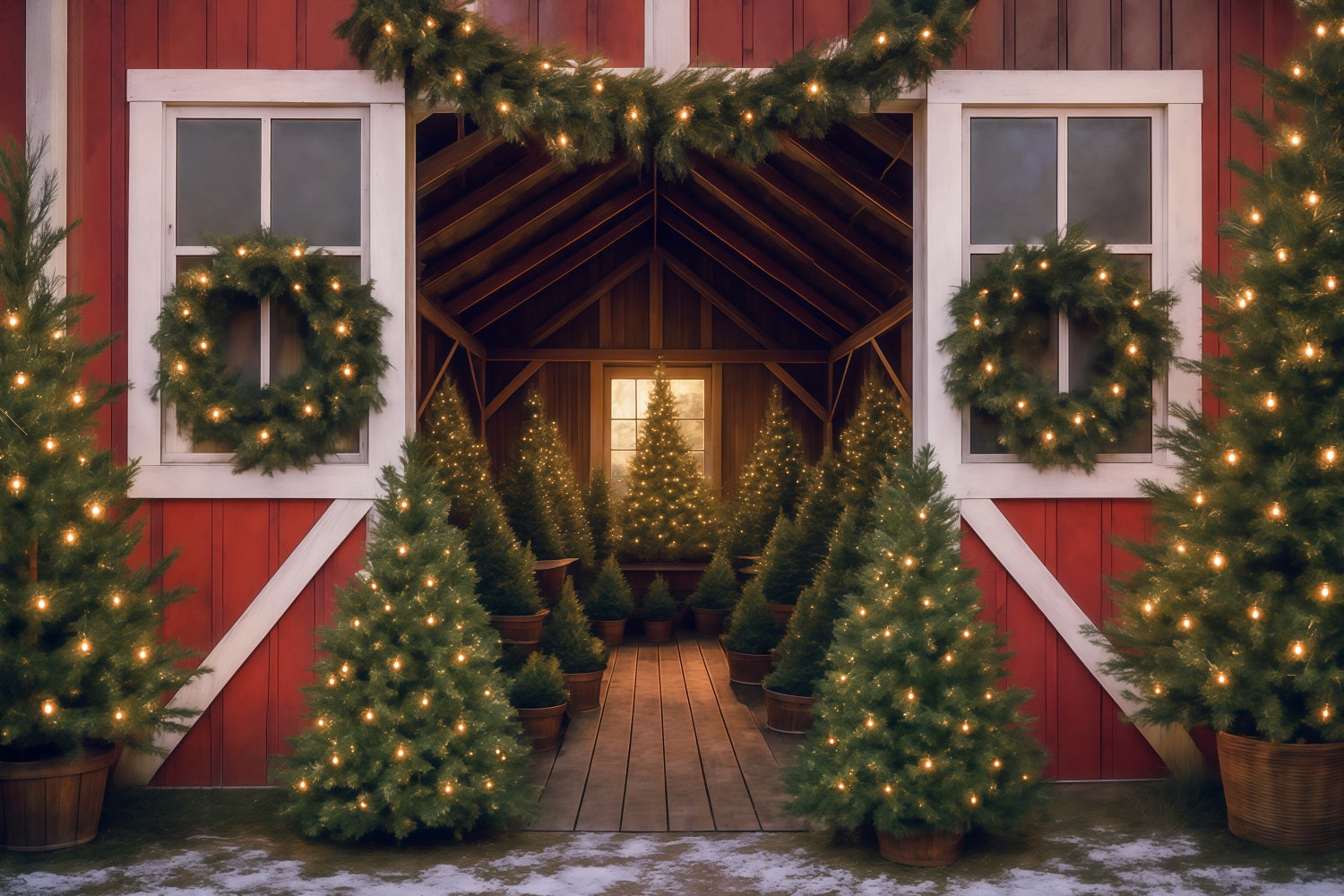 Baumfarm-Fotohintergrund Weihnachtsbaum Scheunenlichter Weihnachtshintergrund MRR9-13