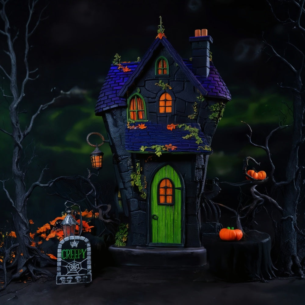 Gruseliger Halloween-Fotohintergrund Spukhaus Grüne Türlichter Halloween-Fotohintergrund MRR9-131