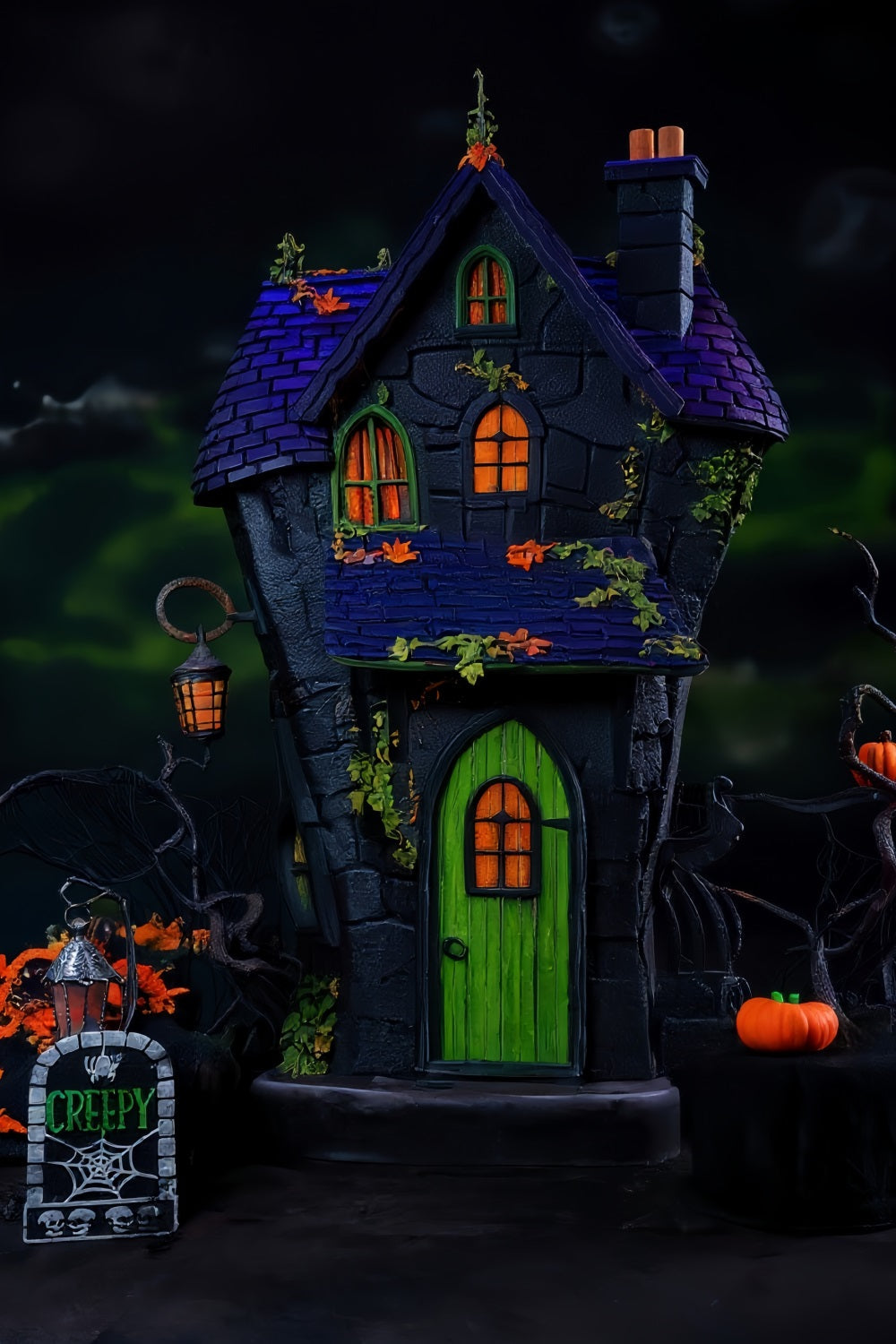 Gruseliger Halloween-Fotohintergrund Spukhaus Grüne Türlichter Halloween-Fotohintergrund MRR9-131