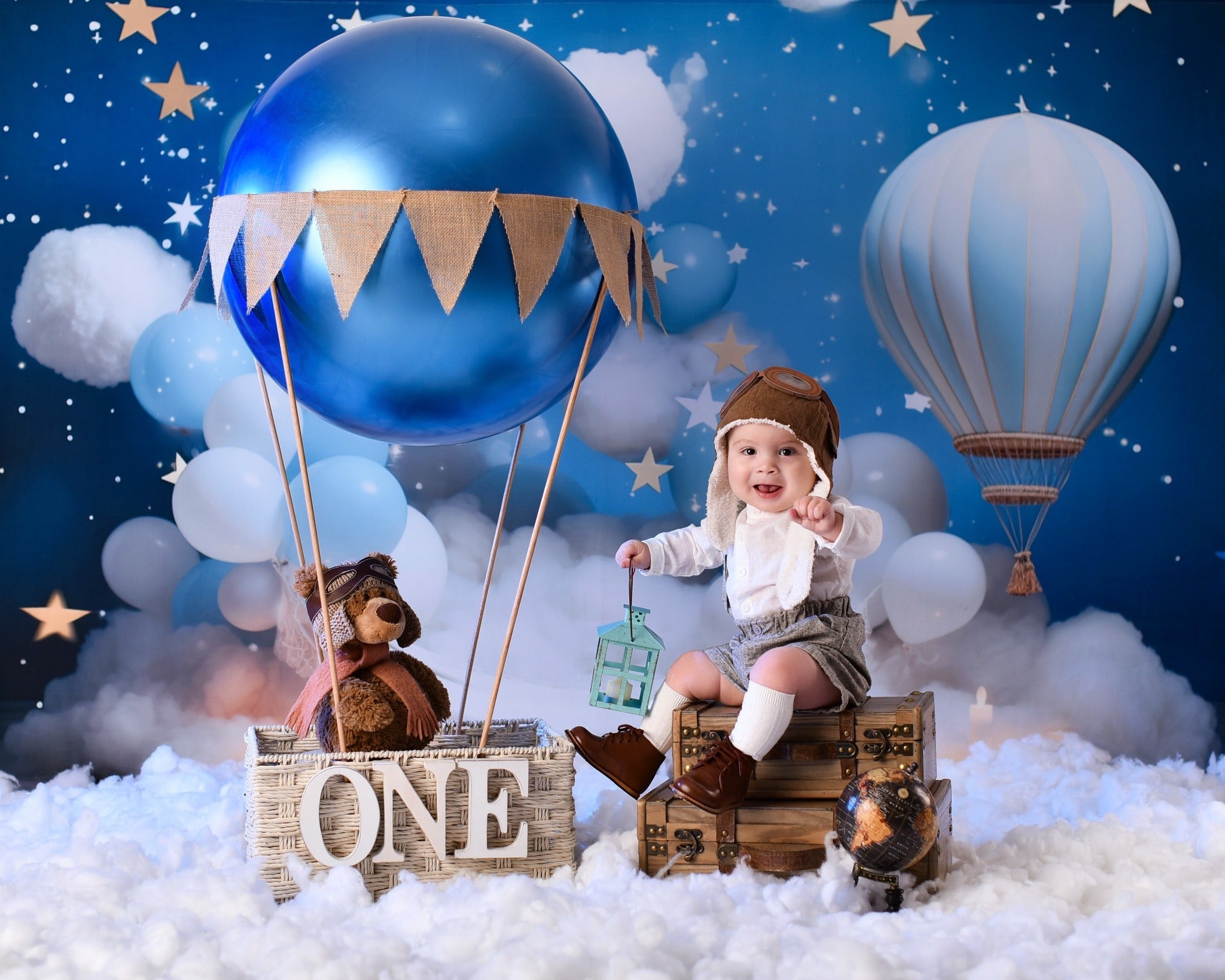 Sternenhintergrund Blauer Himmel Ballons Wolken Neugeborenen-Fotoshooting-Fotohintergrund MRR9-15