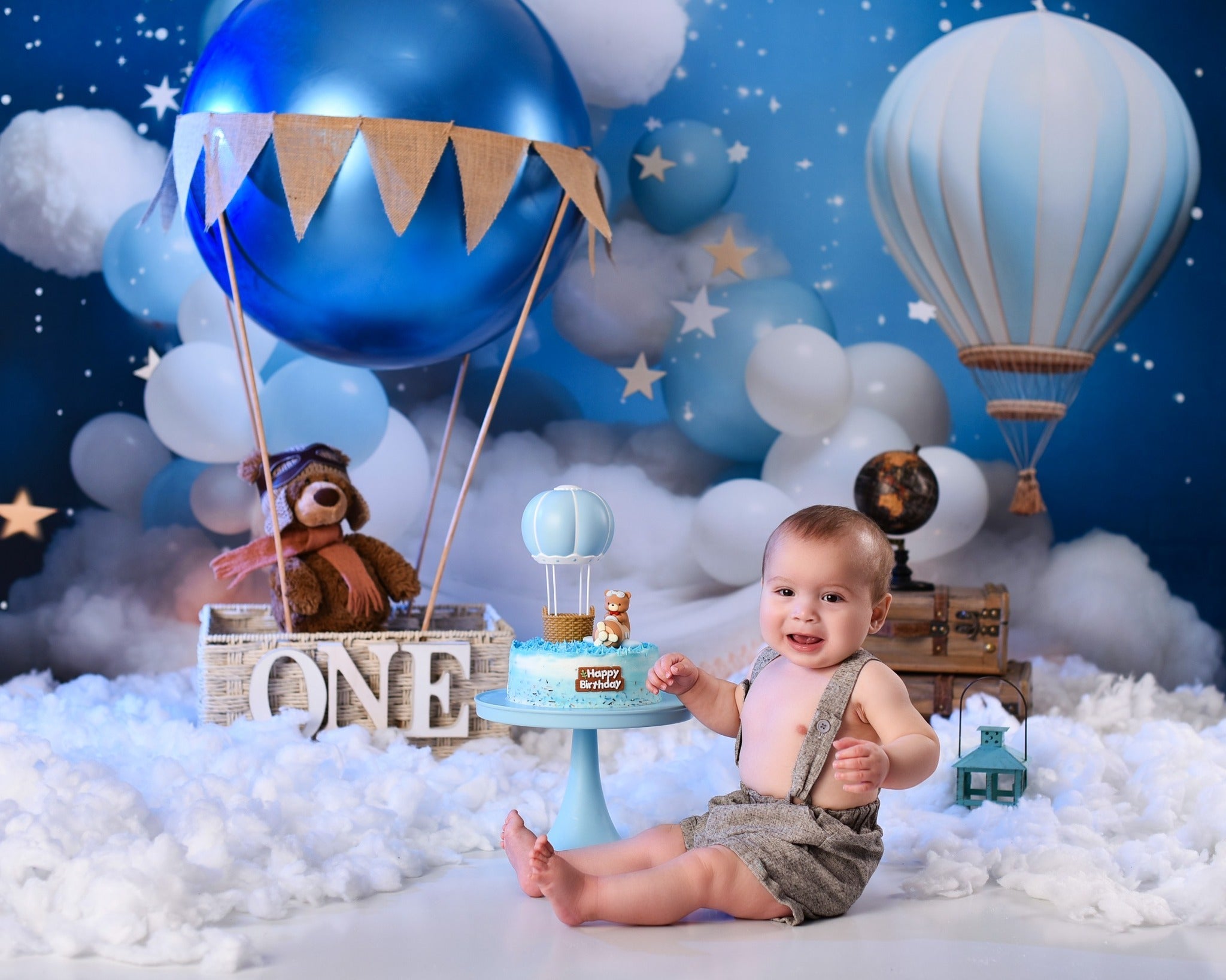 Sternenhintergrund Blauer Himmel Ballons Wolken Neugeborenen-Fotoshooting-Fotohintergrund MRR9-15