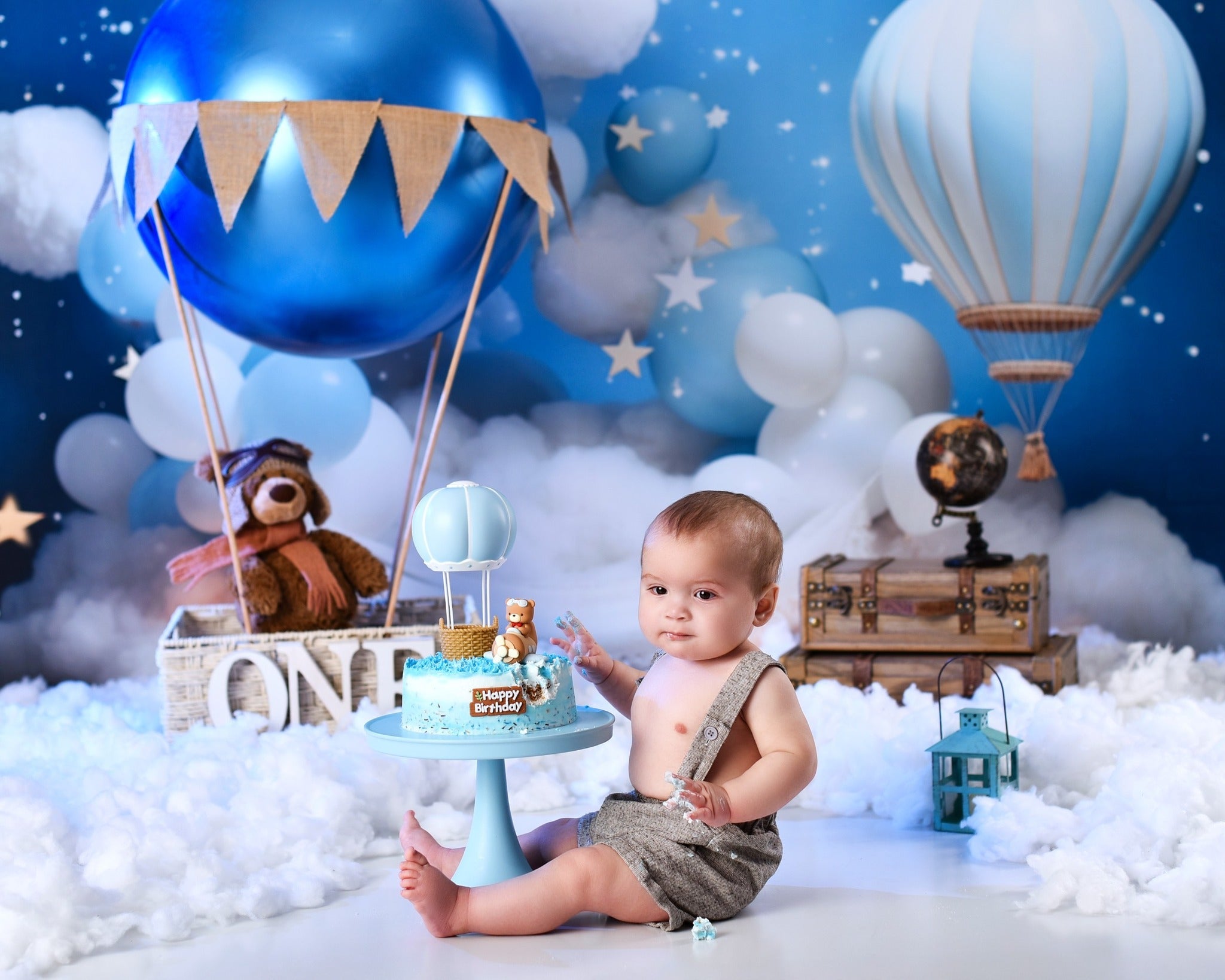 Sternenhintergrund Blauer Himmel Ballons Wolken Neugeborenen-Fotoshooting-Fotohintergrund MRR9-15
