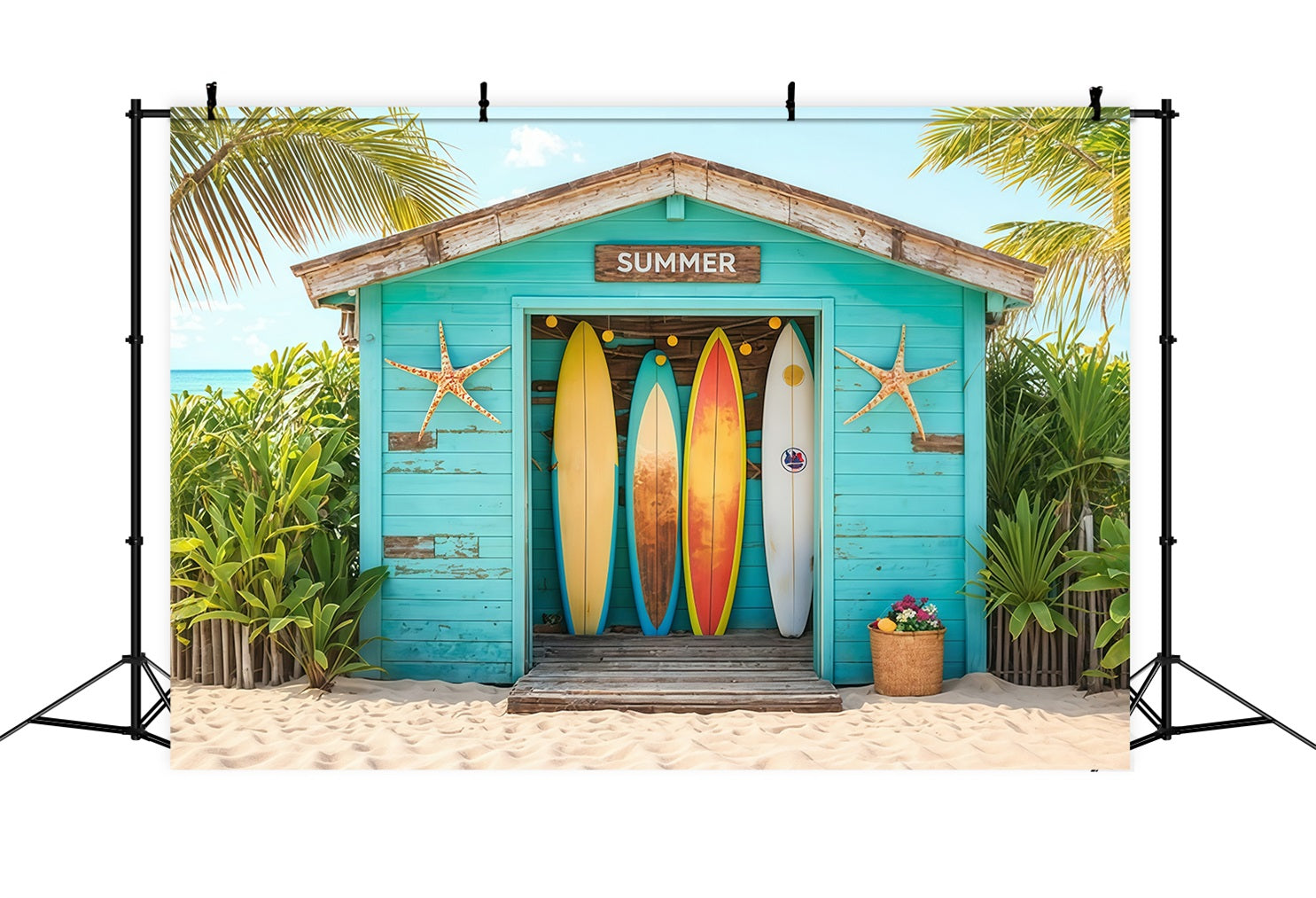 Strand-Fotohintergrund Surfbretter Tropische Strandhütte Sommer-Fotohintergrund MRR9-17