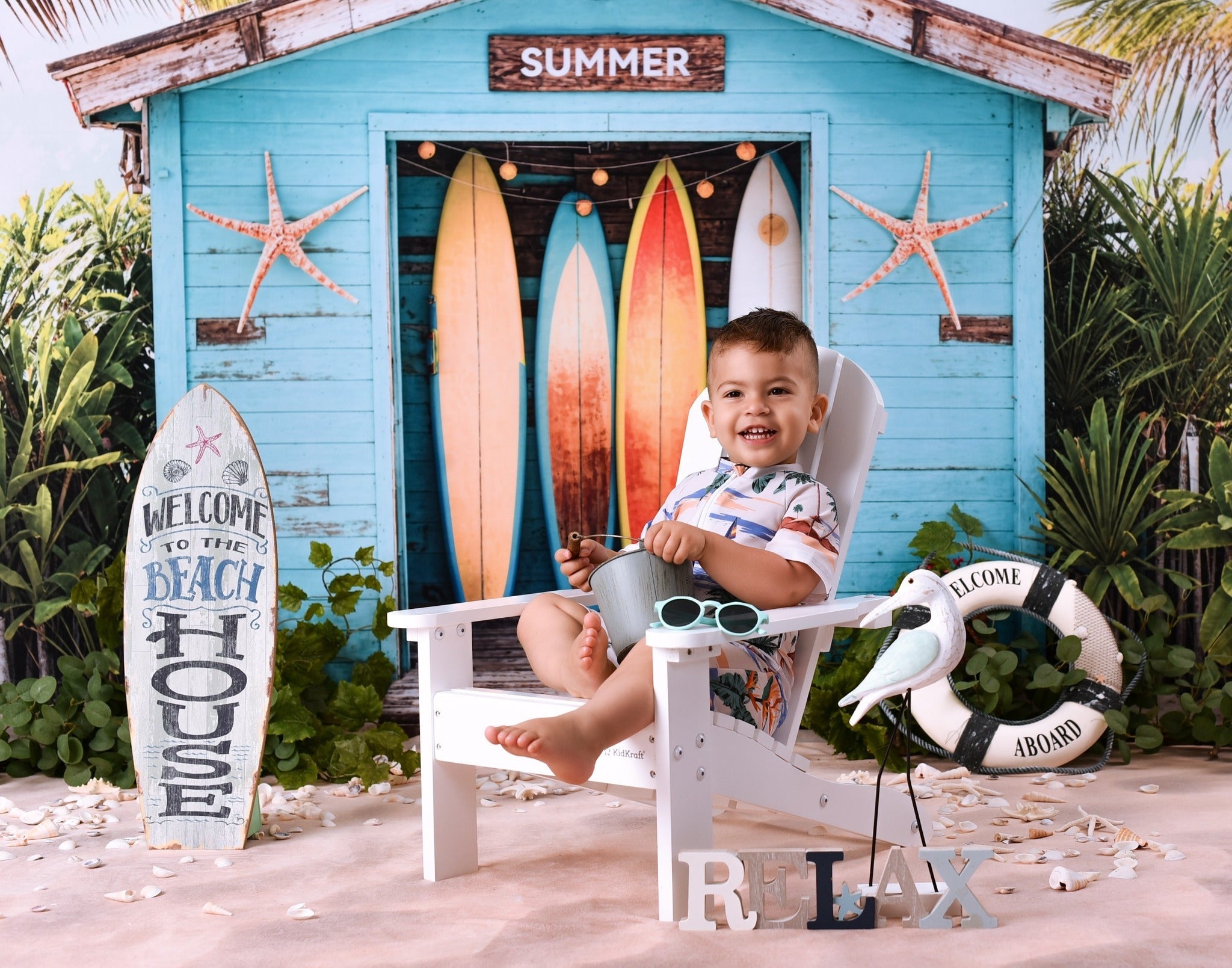Strand-Fotohintergrund Surfbretter Tropische Strandhütte Sommer-Fotohintergrund MRR9-17
