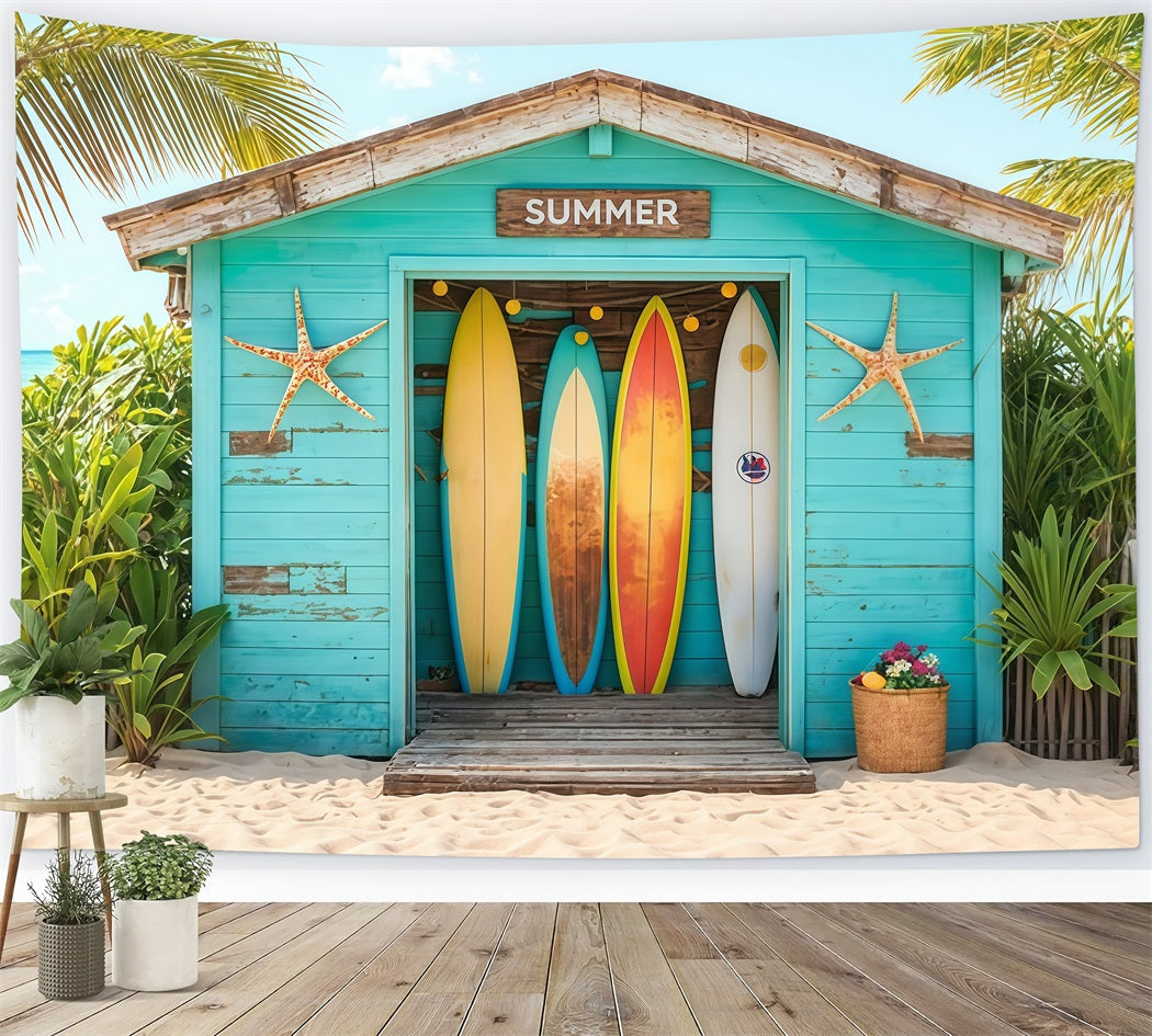 Strand-Fotohintergrund Surfbretter Tropische Strandhütte Sommer-Fotohintergrund MRR9-17