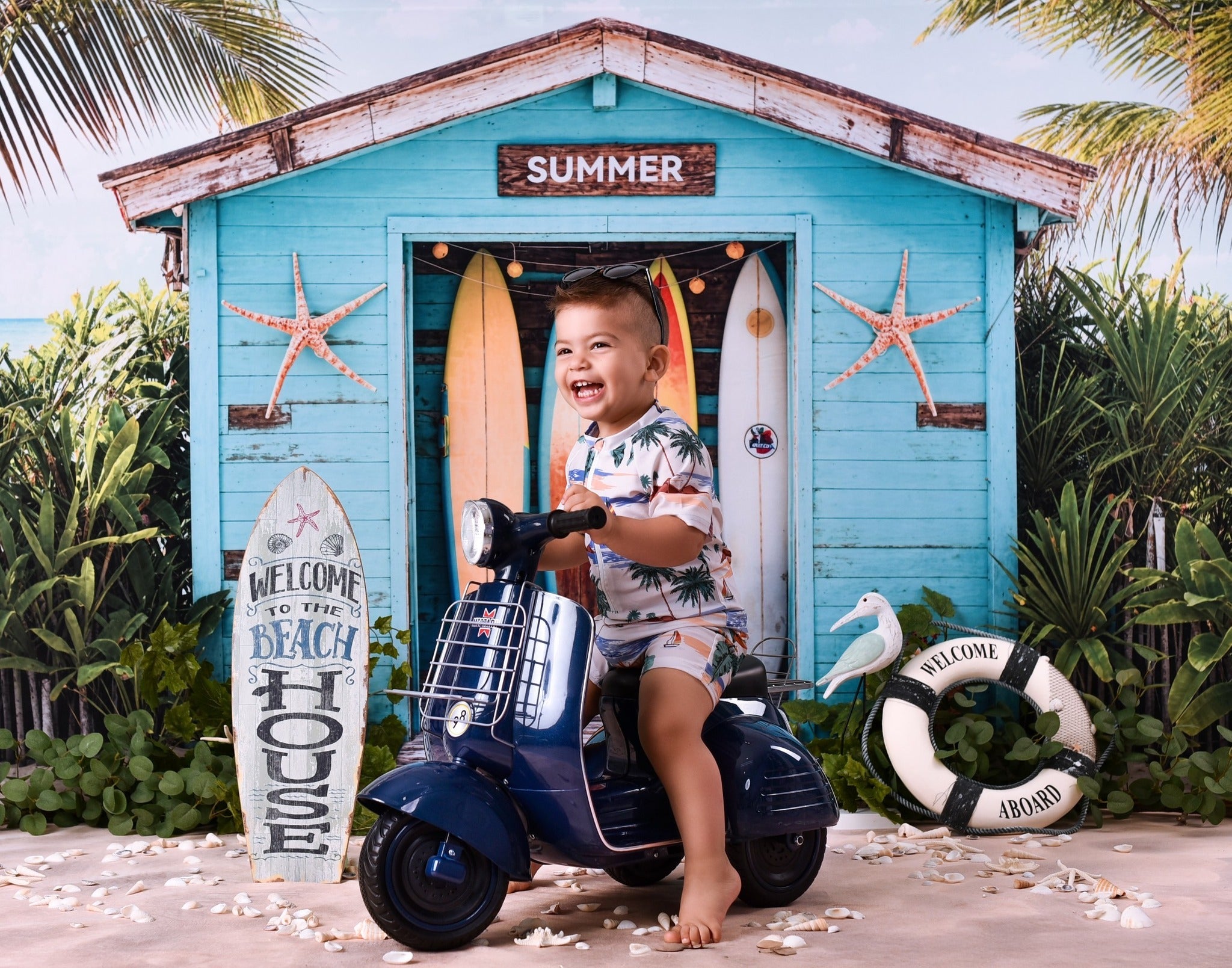 Strand-Fotohintergrund Surfbretter Tropische Strandhütte Sommer-Fotohintergrund MRR9-17