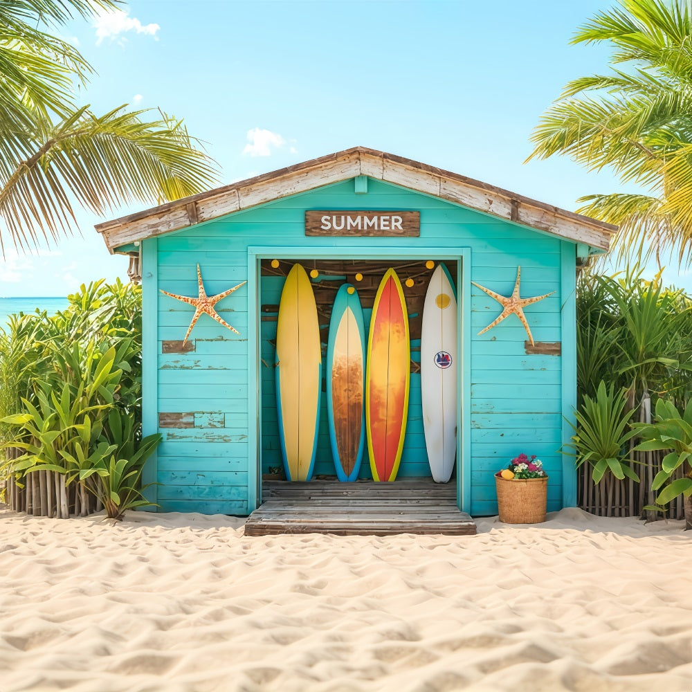 Strand-Fotohintergrund Surfbretter Tropische Strandhütte Sommer-Fotohintergrund MRR9-17