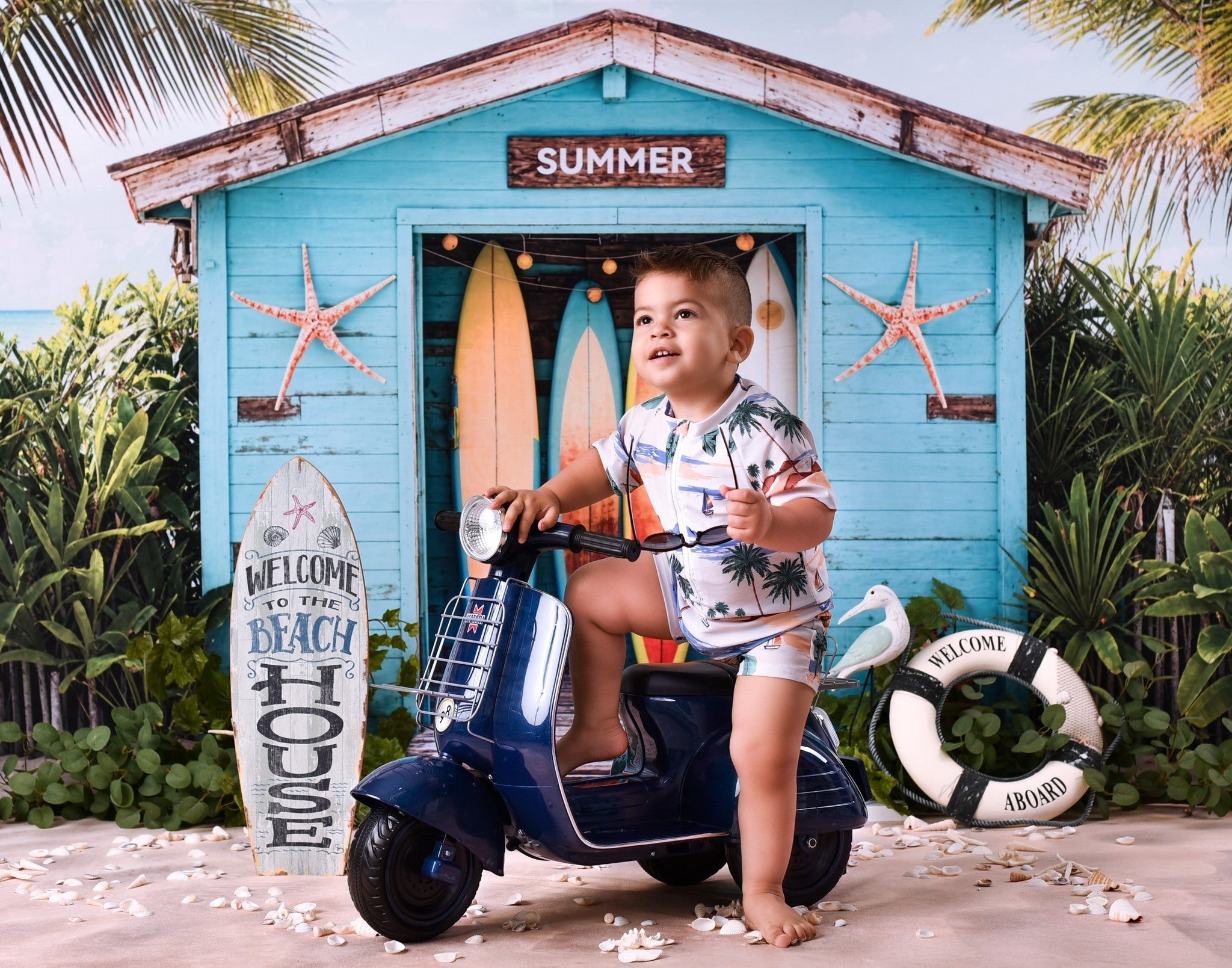Strand-Fotohintergrund Surfbretter Tropische Strandhütte Sommer-Fotohintergrund MRR9-17