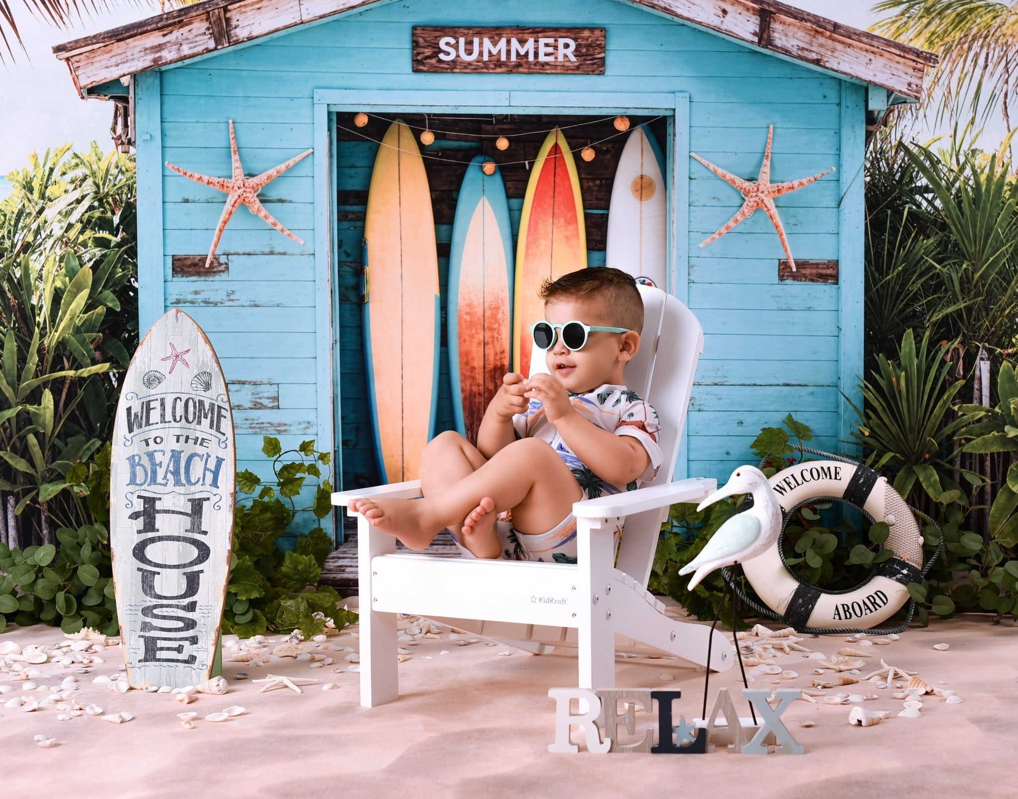 Strand-Fotohintergrund Surfbretter Tropische Strandhütte Sommer-Fotohintergrund MRR9-17