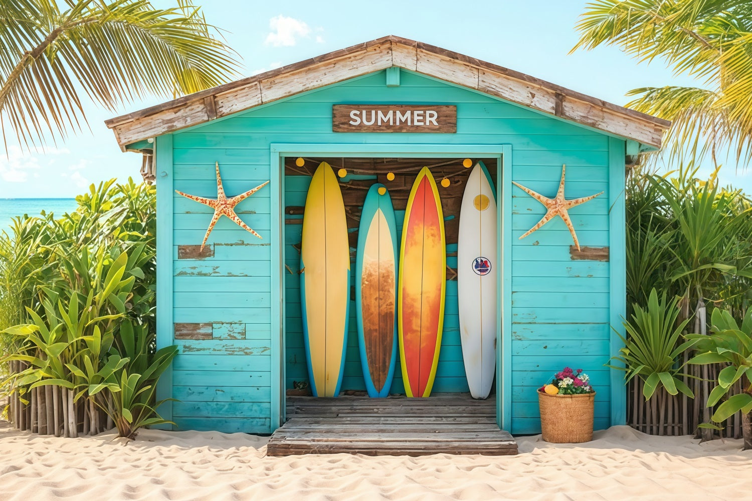 Strand-Fotohintergrund Surfbretter Tropische Strandhütte Sommer-Fotohintergrund MRR9-17