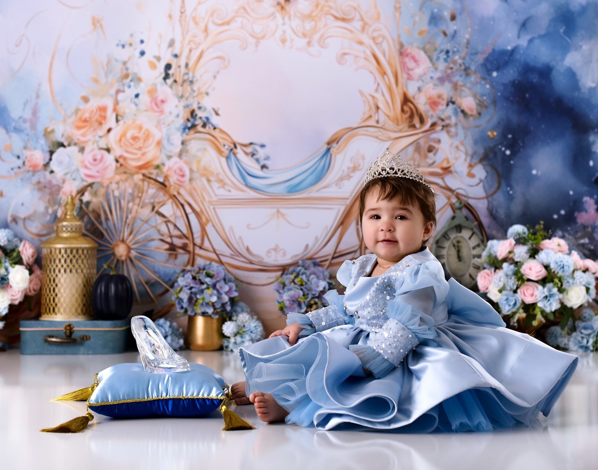 Neugeborenen-Foto-Fotohintergrund Goldene Kutsche Blumen-Fantasie Kinder-Fotohintergrund MRR9-18