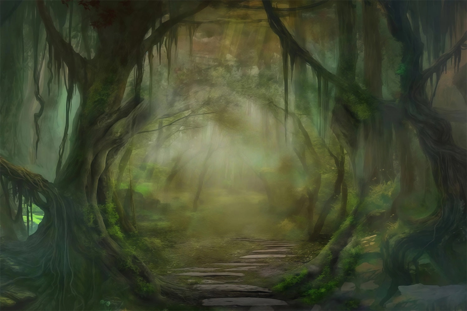 Wald-Fotohintergrund Nebliger verzauberter Waldweg Wald-Foto-Fotohintergrund MRR9-22