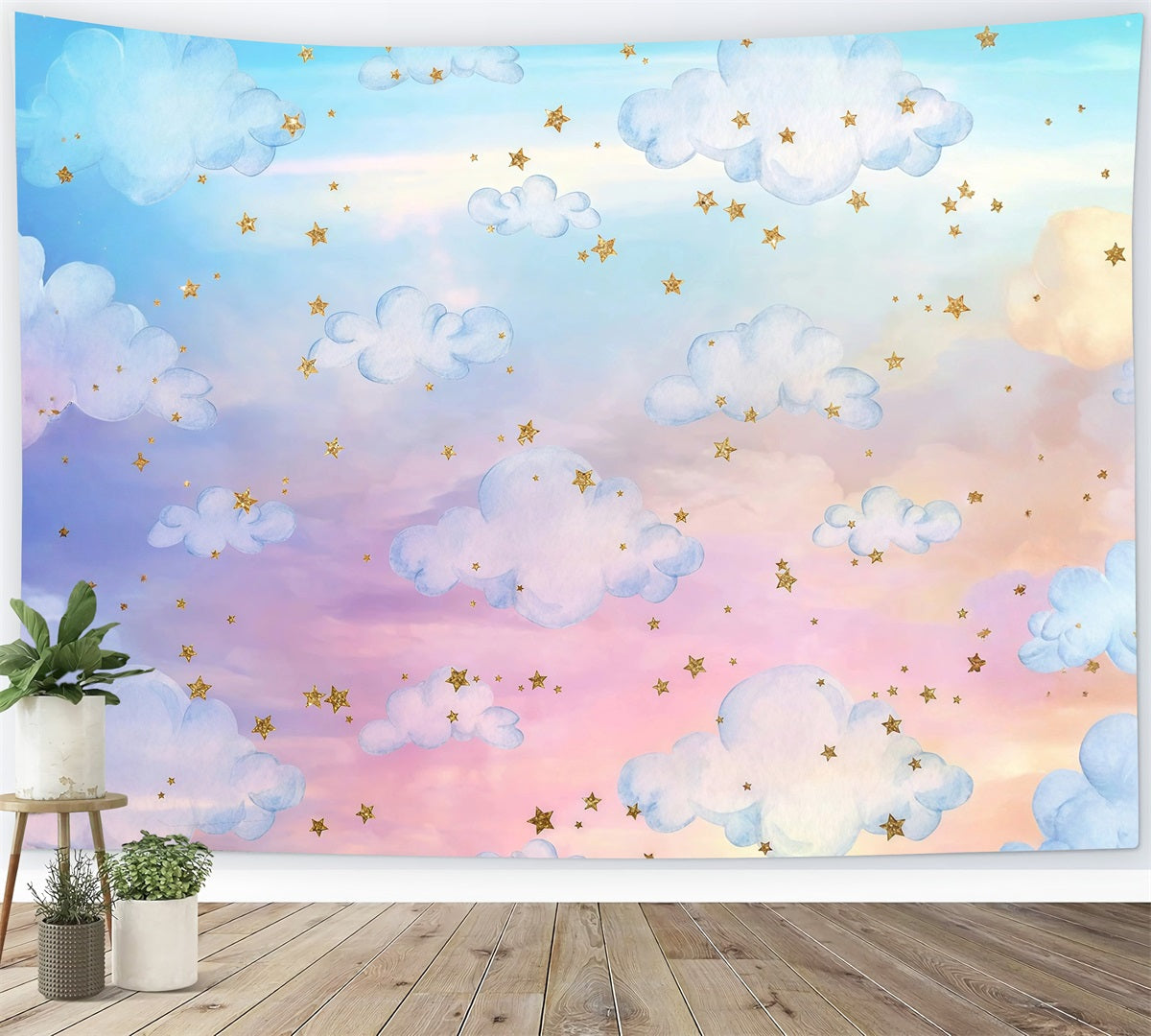 Wolken-Fotohintergrund Regenbogenwolken Goldene Sterne Bewölkter Himmel Fotohintergrund MRR9-28
