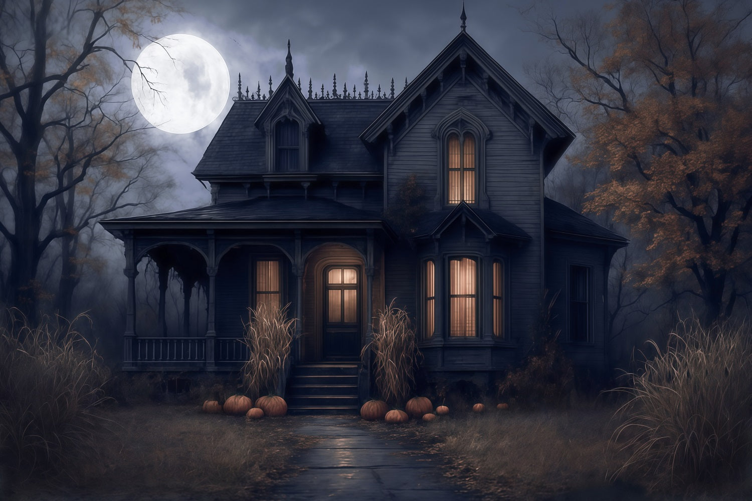 Halloween-Fotohintergrund Spukhaus Vollmondnacht Gruseliger Halloween-Fotohintergrund MRR9-38