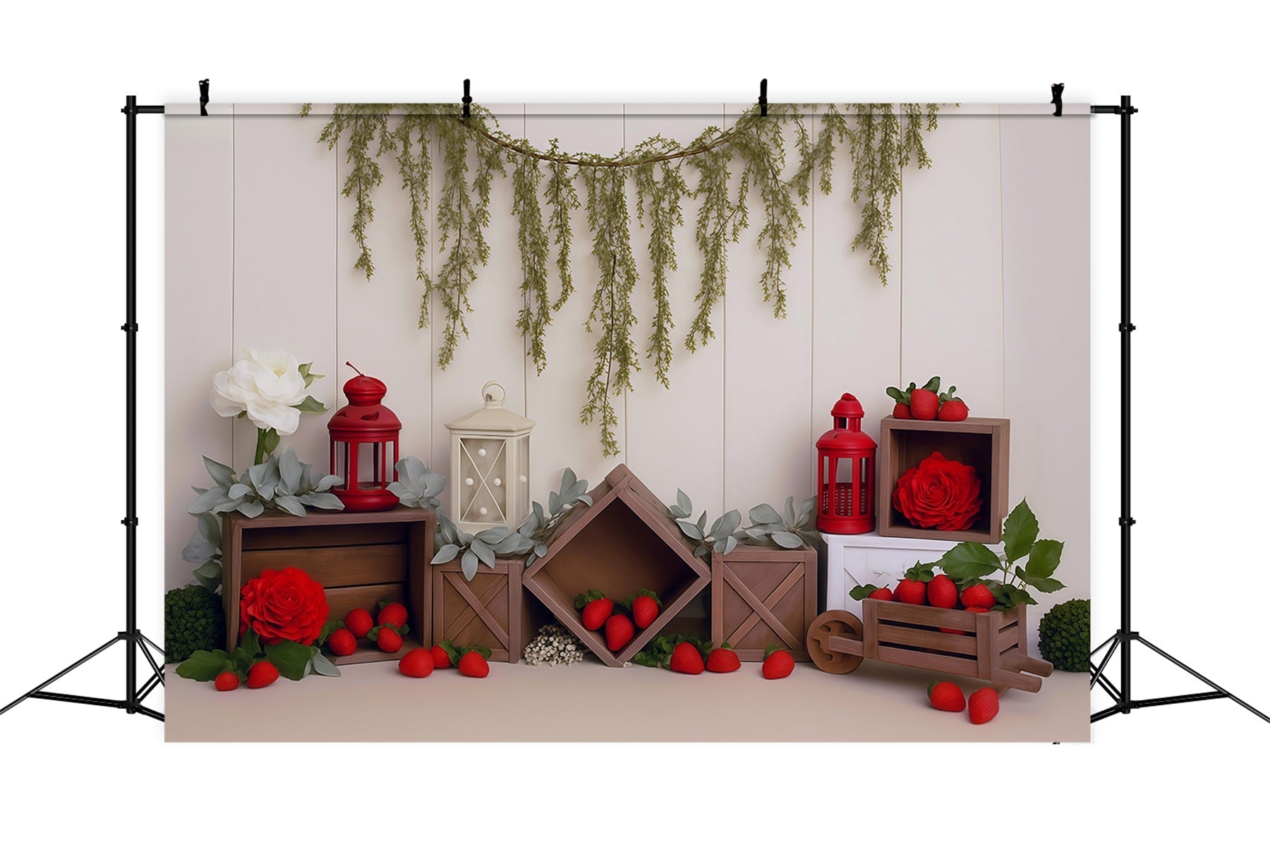 Frühlingshintergrund Rustikale Kisten Erdbeeren Rote Laternen Frühlingsfoto-Fotohintergrund MRR9-4