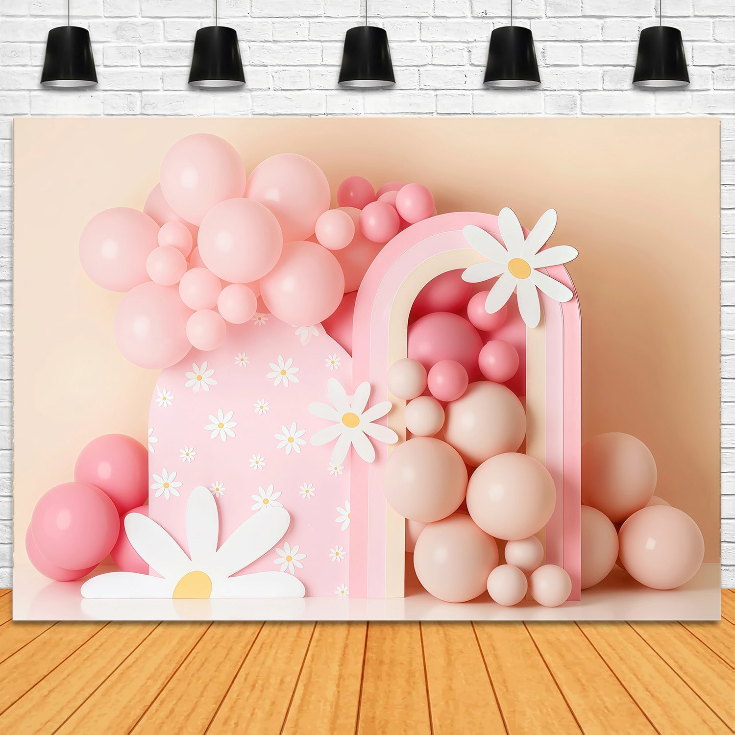Cake Smash-Fotohintergrund Rosa Gänseblümchen Ballon Regenbogen Geburtstagsfotohintergrund MRR9-40