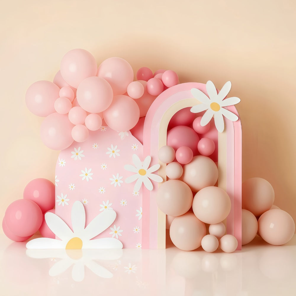 Cake Smash-Fotohintergrund Rosa Gänseblümchen Ballon Regenbogen Geburtstagsfotohintergrund MRR9-40