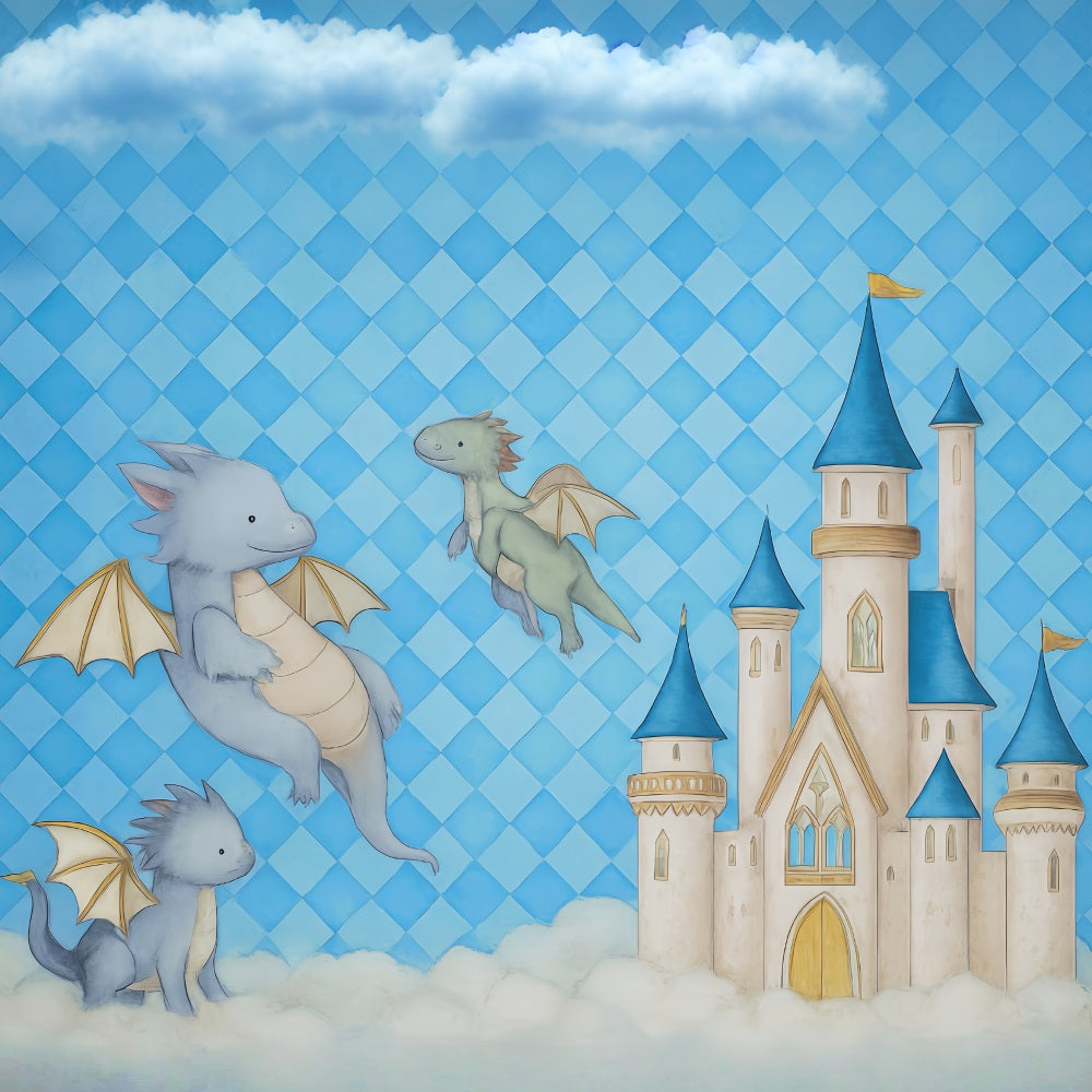 Fotohintergrund Schloss Fliegende Drachen Blaues Schloss Wolken Fotohintergrund für Neugeborenenfotografie MRR9-44