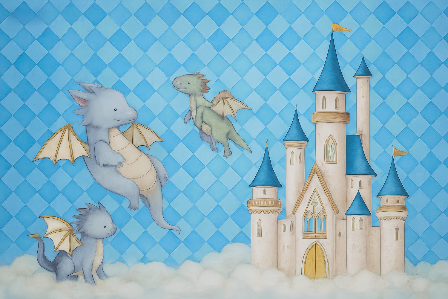 Fotohintergrund Schloss Fliegende Drachen Blaues Schloss Wolken Fotohintergrund für Neugeborenenfotografie MRR9-44