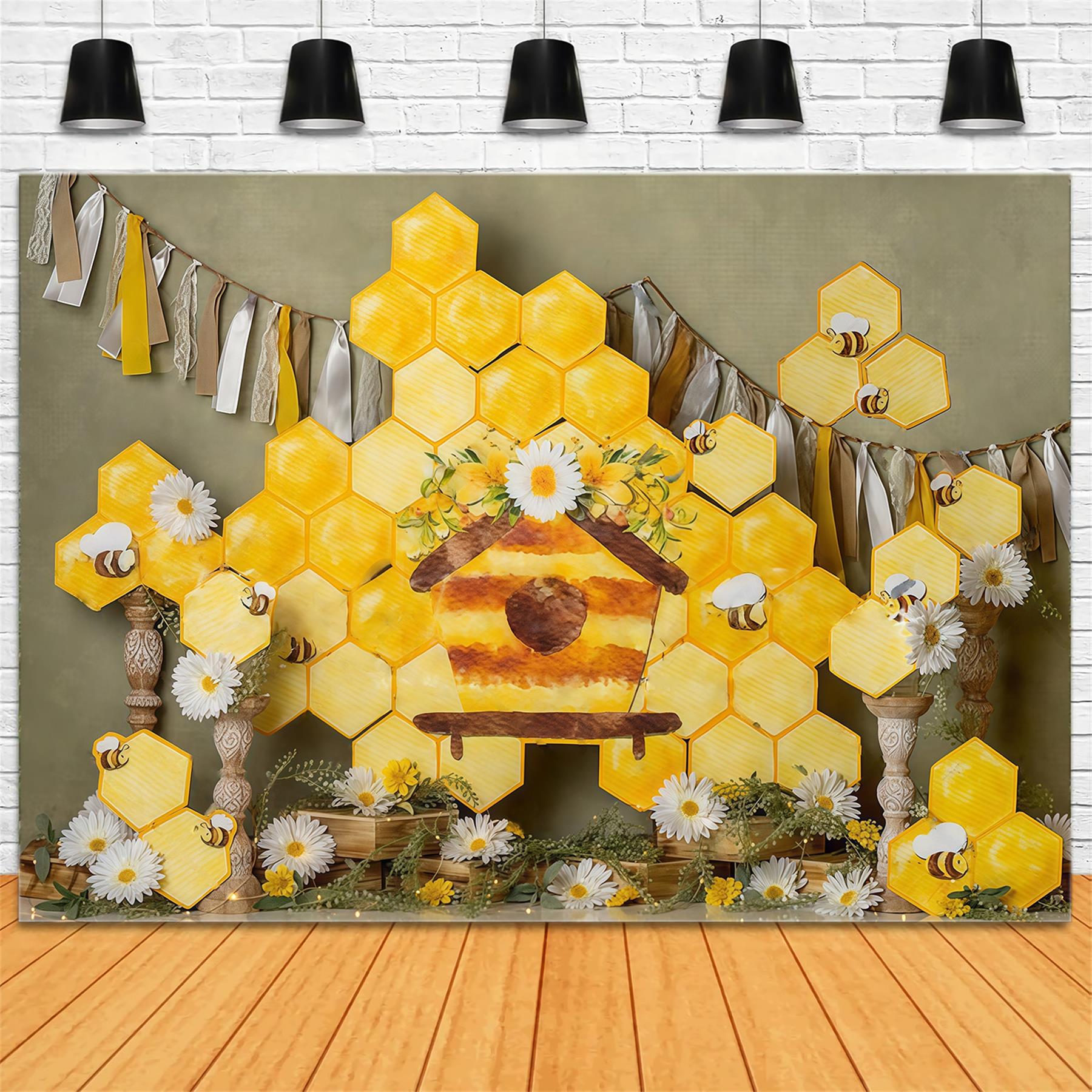 Fotohintergrund für Kinderfotos Wabenmuster Gänseblümchen Biene Cottage Display Fotohintergrund für Kinder MRR9-46