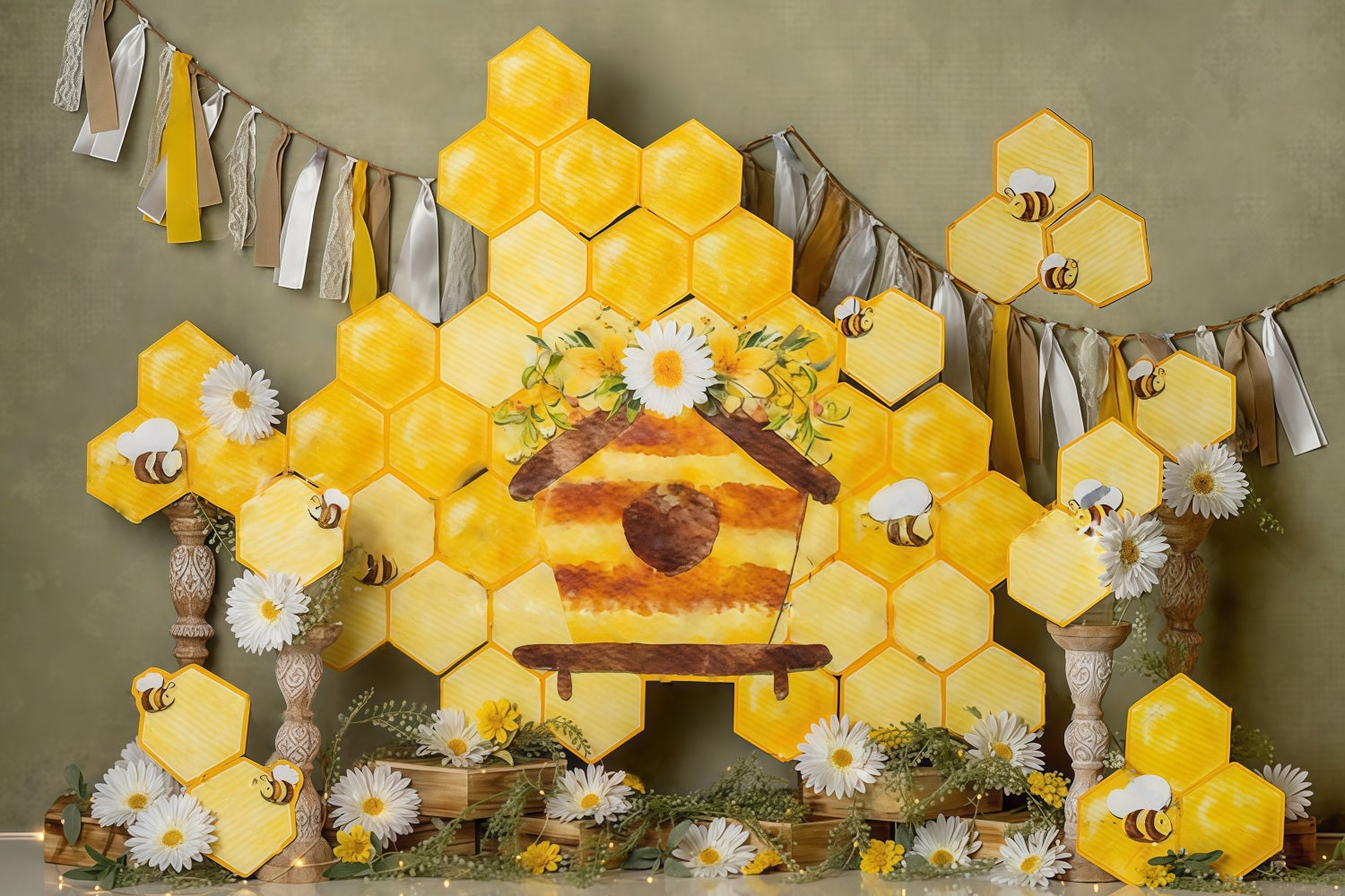 Fotohintergrund für Kinderfotos Wabenmuster Gänseblümchen Biene Cottage Display Fotohintergrund für Kinder MRR9-46