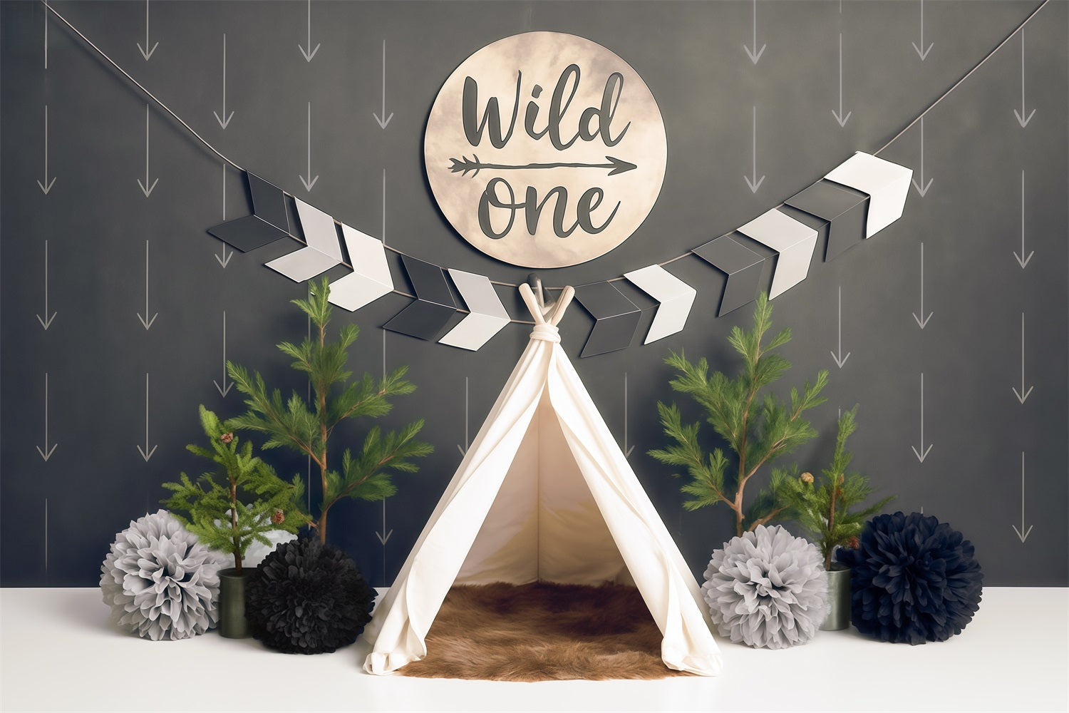 Fotohintergrund für den 1. Geburtstag Wild One Tipi Abenteuer-Setup Cake Smash Fotohintergrund MRR9-5