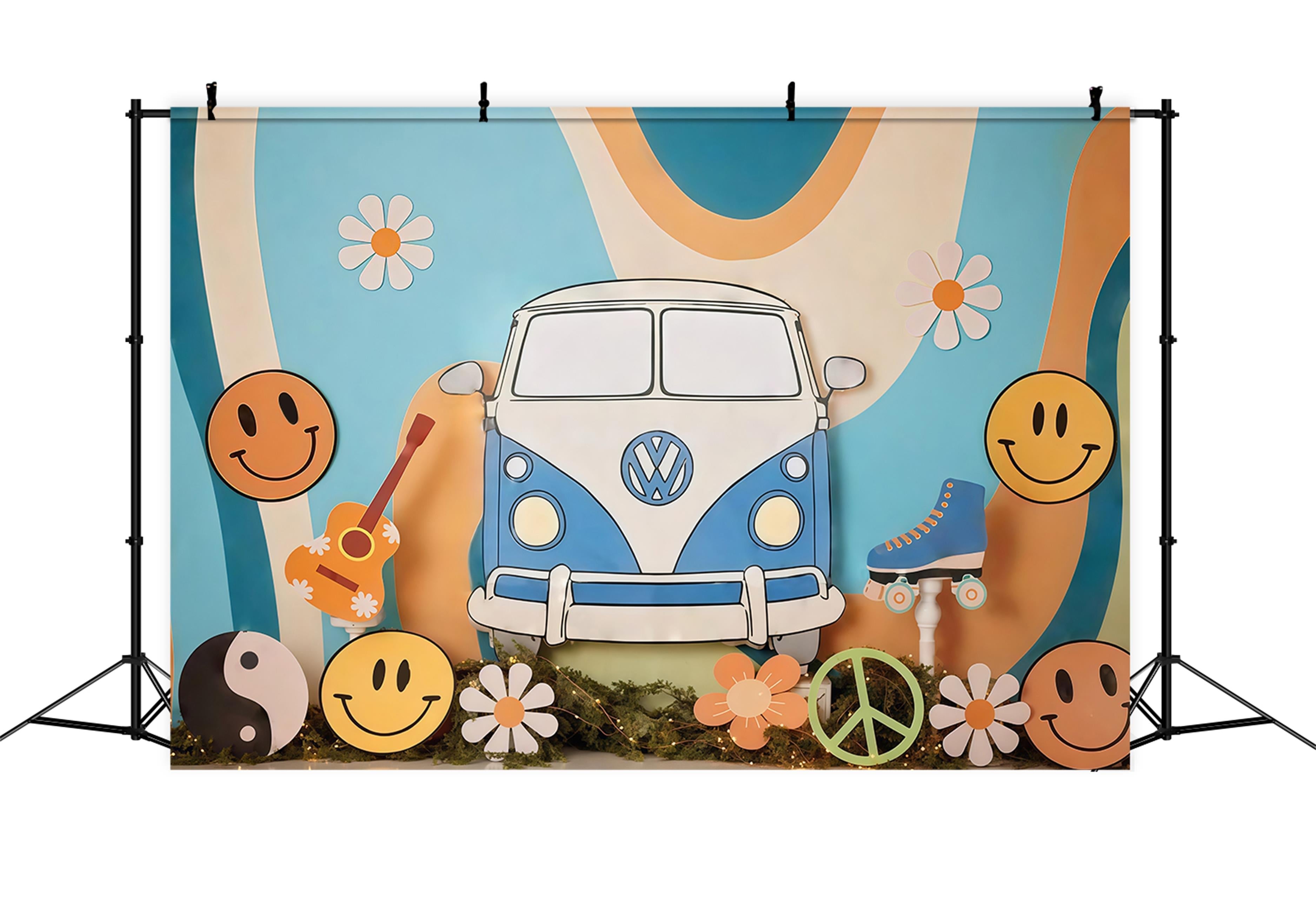 Geburtstagshintergrund Retro-Hippie-Van Smiley-Symbole Cake-Smash-Fotohintergrund MRR9-57