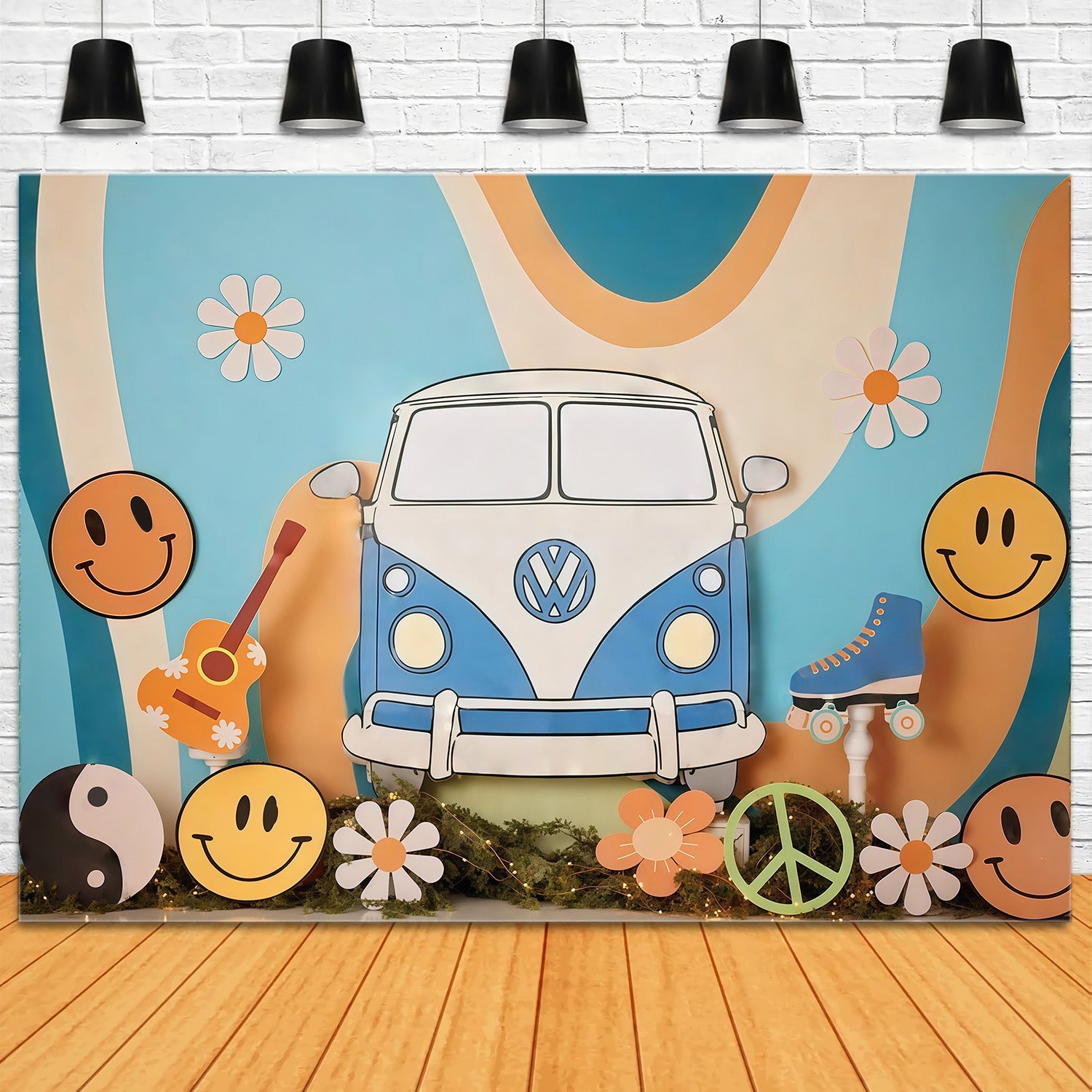 Geburtstagshintergrund Retro-Hippie-Van Smiley-Symbole Cake-Smash-Fotohintergrund MRR9-57