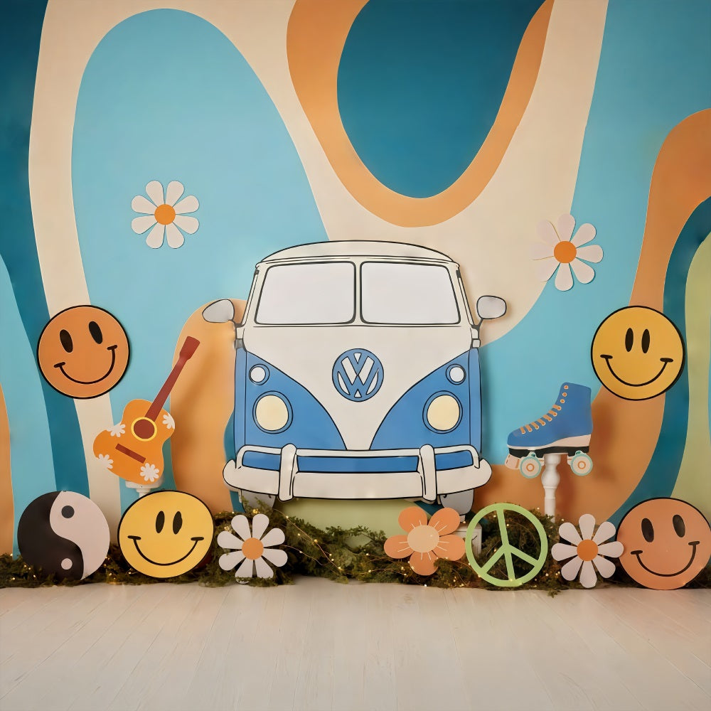 Geburtstagshintergrund Retro-Hippie-Van Smiley-Symbole Cake-Smash-Fotohintergrund MRR9-57