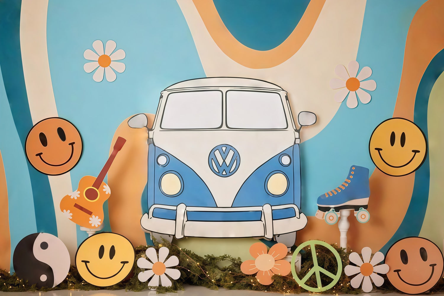 Geburtstagshintergrund Retro-Hippie-Van Smiley-Symbole Cake-Smash-Fotohintergrund MRR9-57