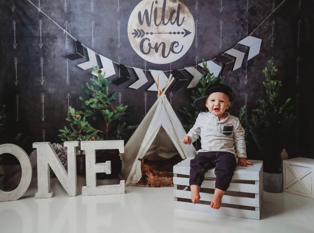 Fotohintergrund für den 1. Geburtstag Wild One Tipi Abenteuer-Setup Cake Smash Fotohintergrund MRR9-5