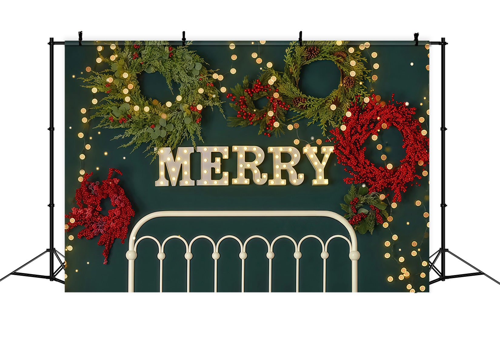 Weihnachtshintergrund Fröhlicher Kranz Weihnachtsbeleuchtung Kopfteil Weihnachtsfoto-Fotohintergrund MRR9-6