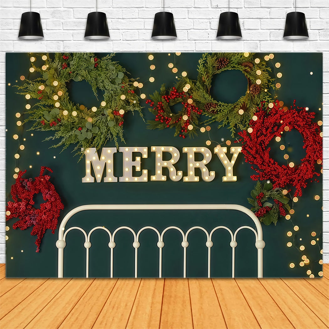 Weihnachtshintergrund Fröhlicher Kranz Weihnachtsbeleuchtung Kopfteil Weihnachtsfoto-Fotohintergrund MRR9-6