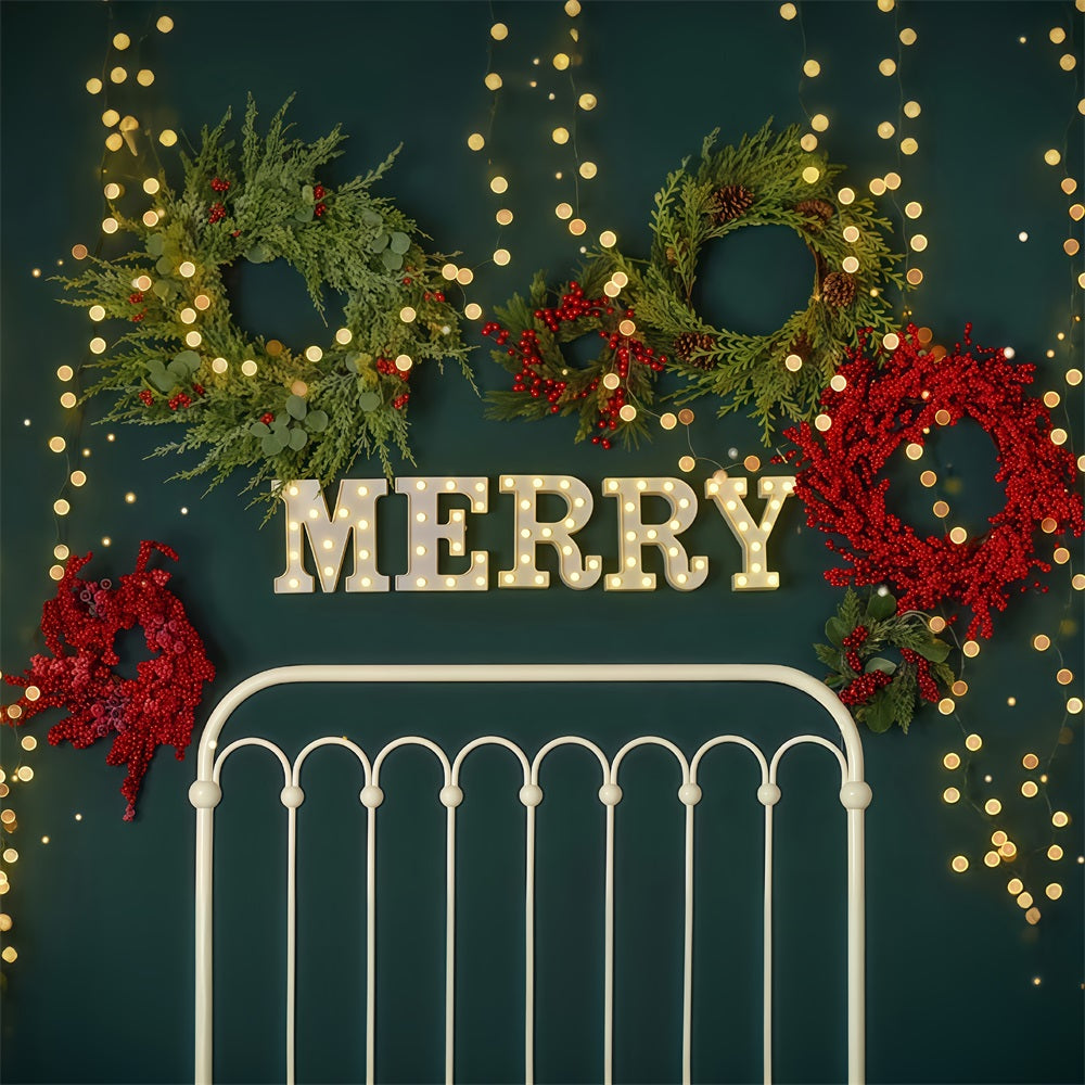 Weihnachtshintergrund Fröhlicher Kranz Weihnachtsbeleuchtung Kopfteil Weihnachtsfoto-Fotohintergrund MRR9-6
