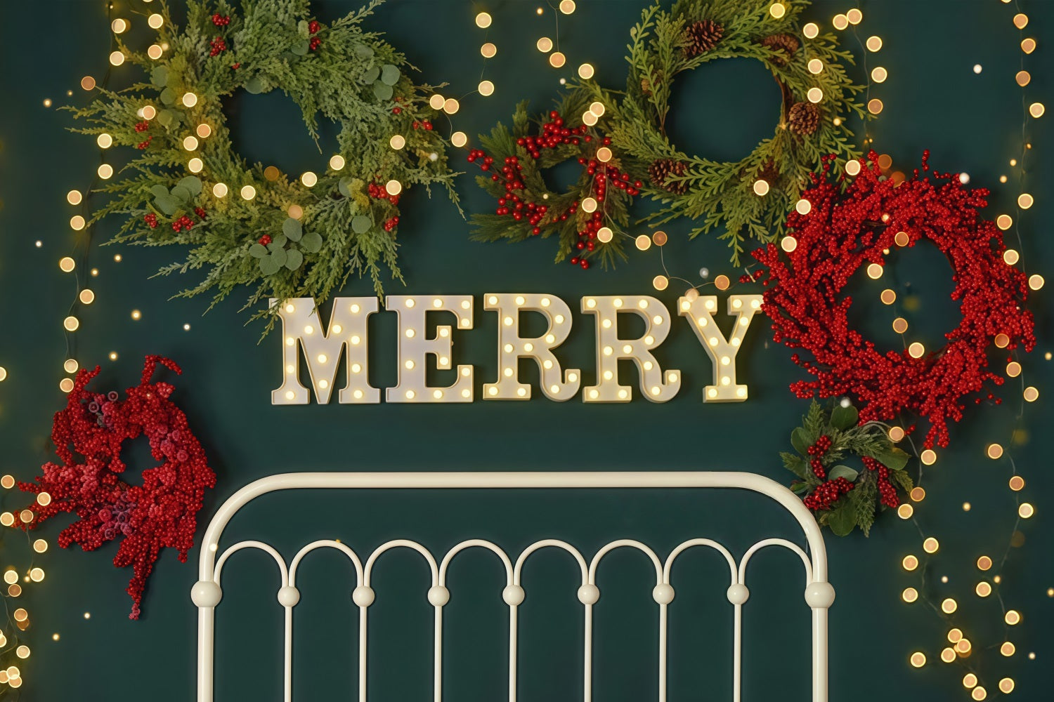 Weihnachtshintergrund Fröhlicher Kranz Weihnachtsbeleuchtung Kopfteil Weihnachtsfoto-Fotohintergrund MRR9-6