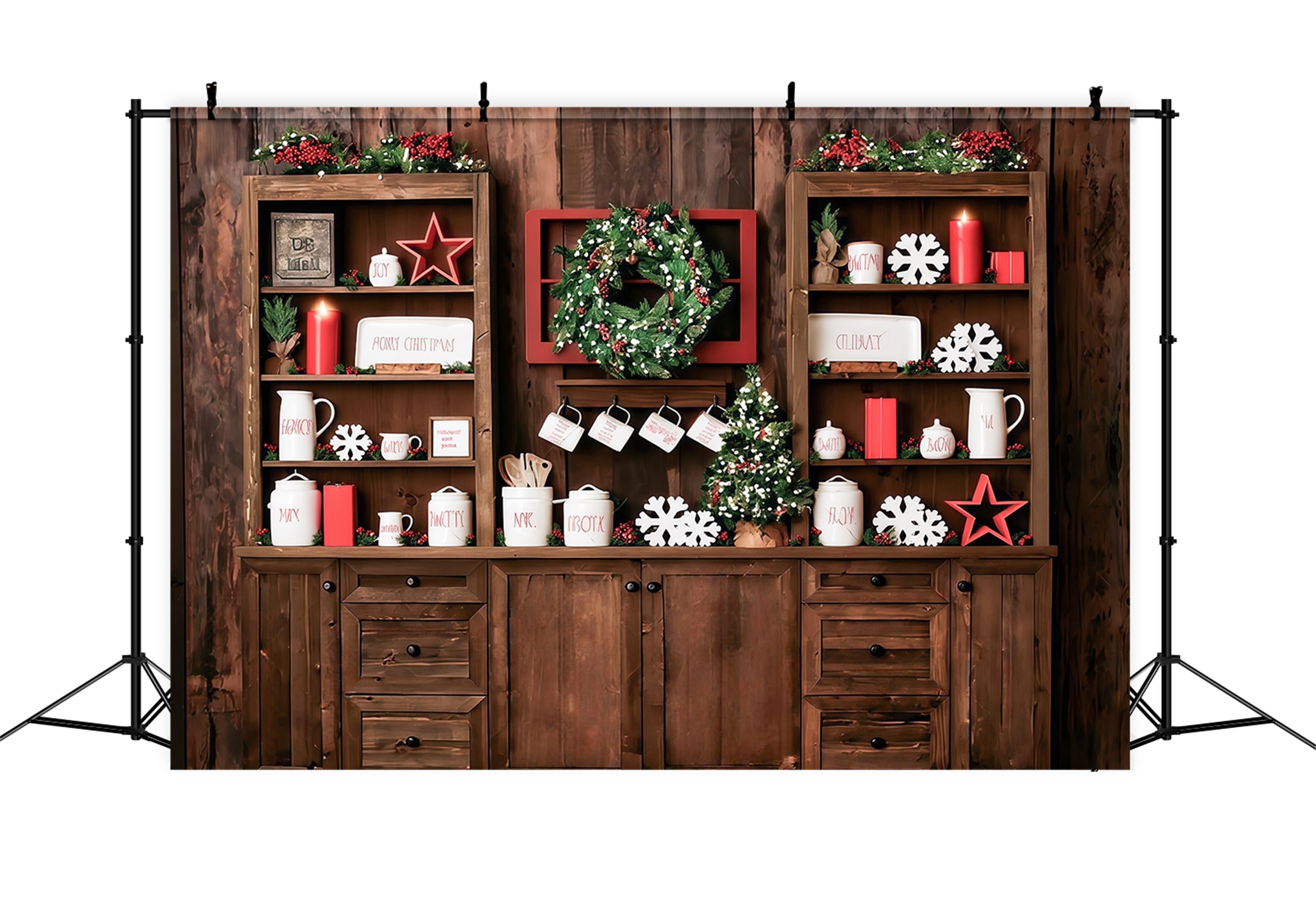 Weihnachts-Küchen-Fotohintergrund Rustikale Regale Festliche Dekoration Weihnachts-Foto-Fotohintergrund MRR9-61