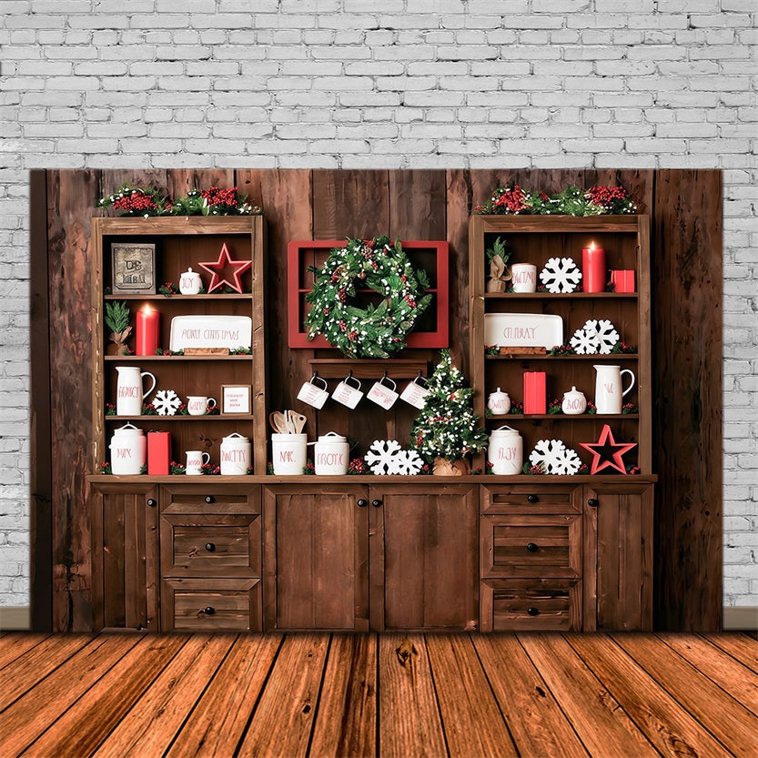 Weihnachts-Küchen-Fotohintergrund Rustikale Regale Festliche Dekoration Weihnachts-Foto-Fotohintergrund MRR9-61