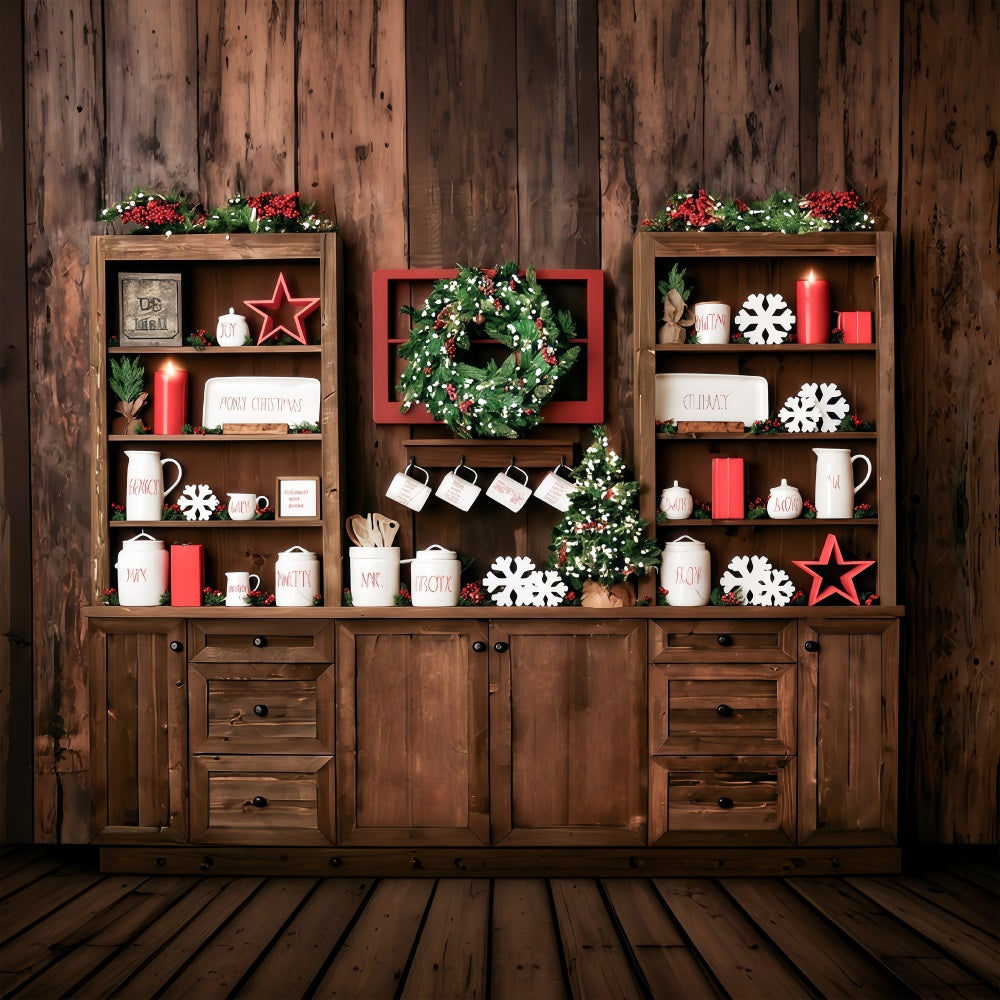 Weihnachts-Küchen-Fotohintergrund Rustikale Regale Festliche Dekoration Weihnachts-Foto-Fotohintergrund MRR9-61