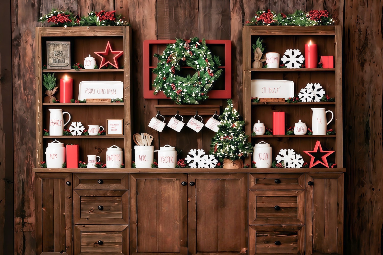 Weihnachts-Küchen-Fotohintergrund Rustikale Regale Festliche Dekoration Weihnachts-Foto-Fotohintergrund MRR9-61
