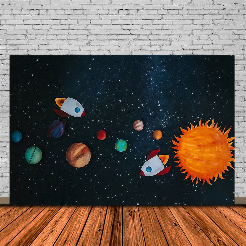 Cake Smash-Fotohintergrund Raketenabenteuer Bunte Planeten Sternenlicht-Geburtstags-Fotohintergrund MRR9-62