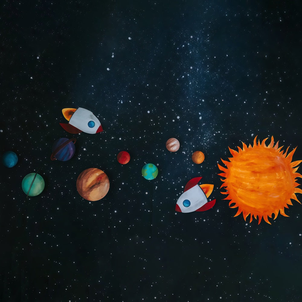 Cake Smash-Fotohintergrund Raketenabenteuer Bunte Planeten Sternenlicht-Geburtstags-Fotohintergrund MRR9-62