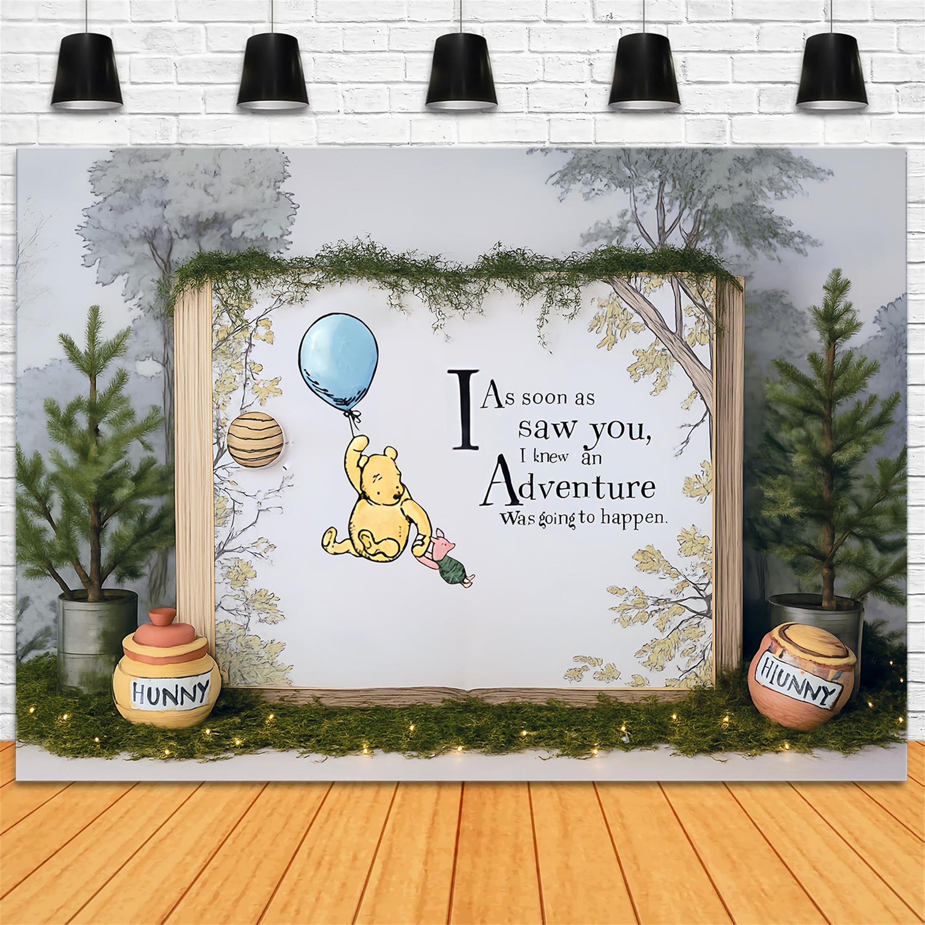 Cake Smash-Fotohintergrund Pooh-Ballon-Abenteuer Wald Zitat 1. Geburtstag-Fotohintergrund MRR9-63