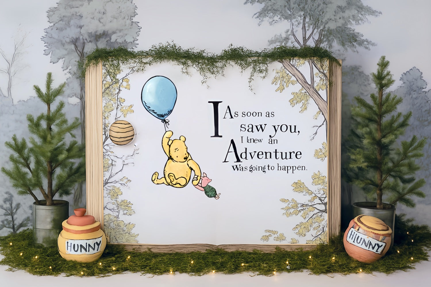 Cake Smash-Fotohintergrund Pooh-Ballon-Abenteuer Wald Zitat 1. Geburtstag-Fotohintergrund MRR9-63