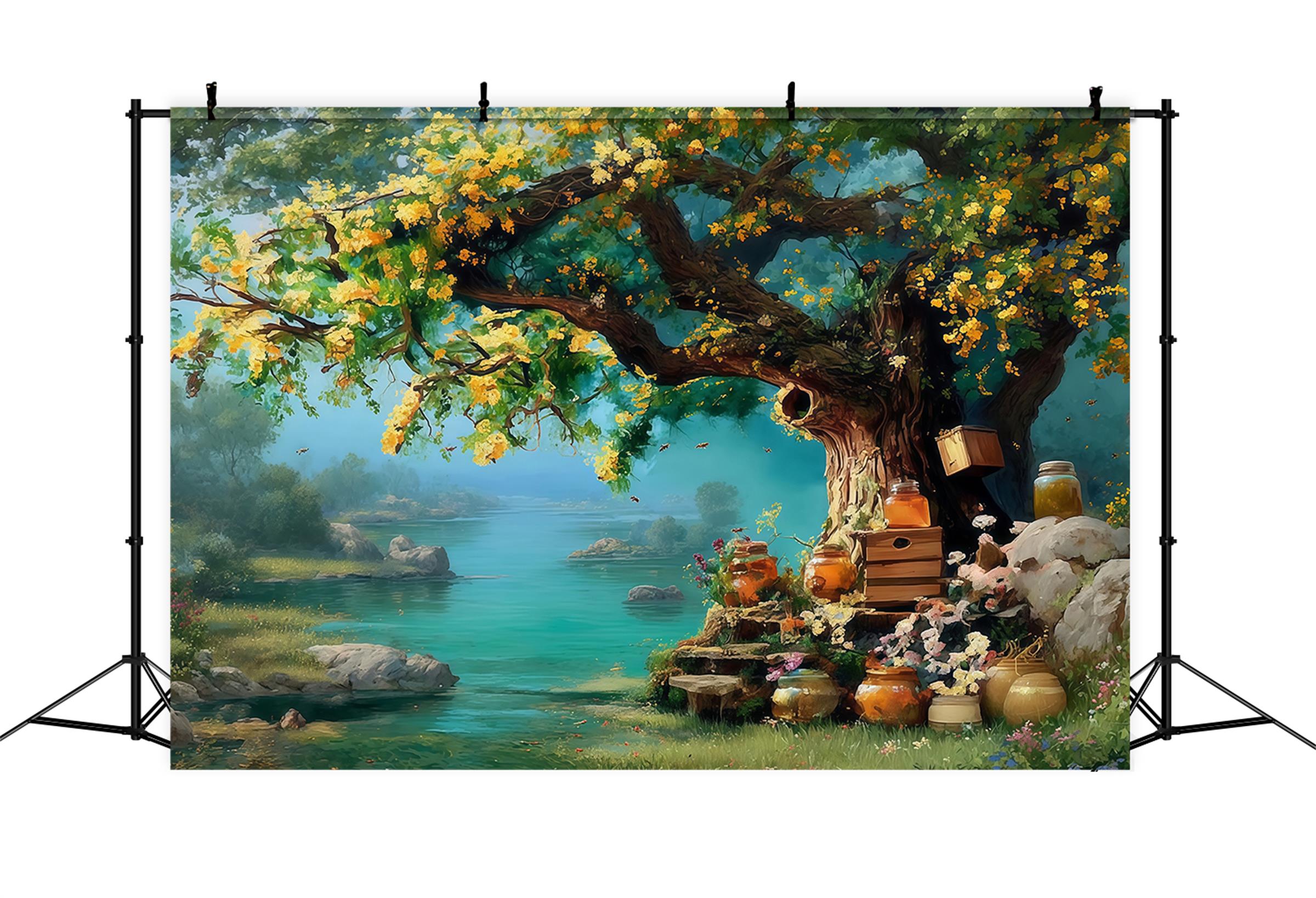 Ölgemälde-Fotohintergrund Goldener Honigbaum Flussufergarten Kunst-Fotohintergrund MRR9-64