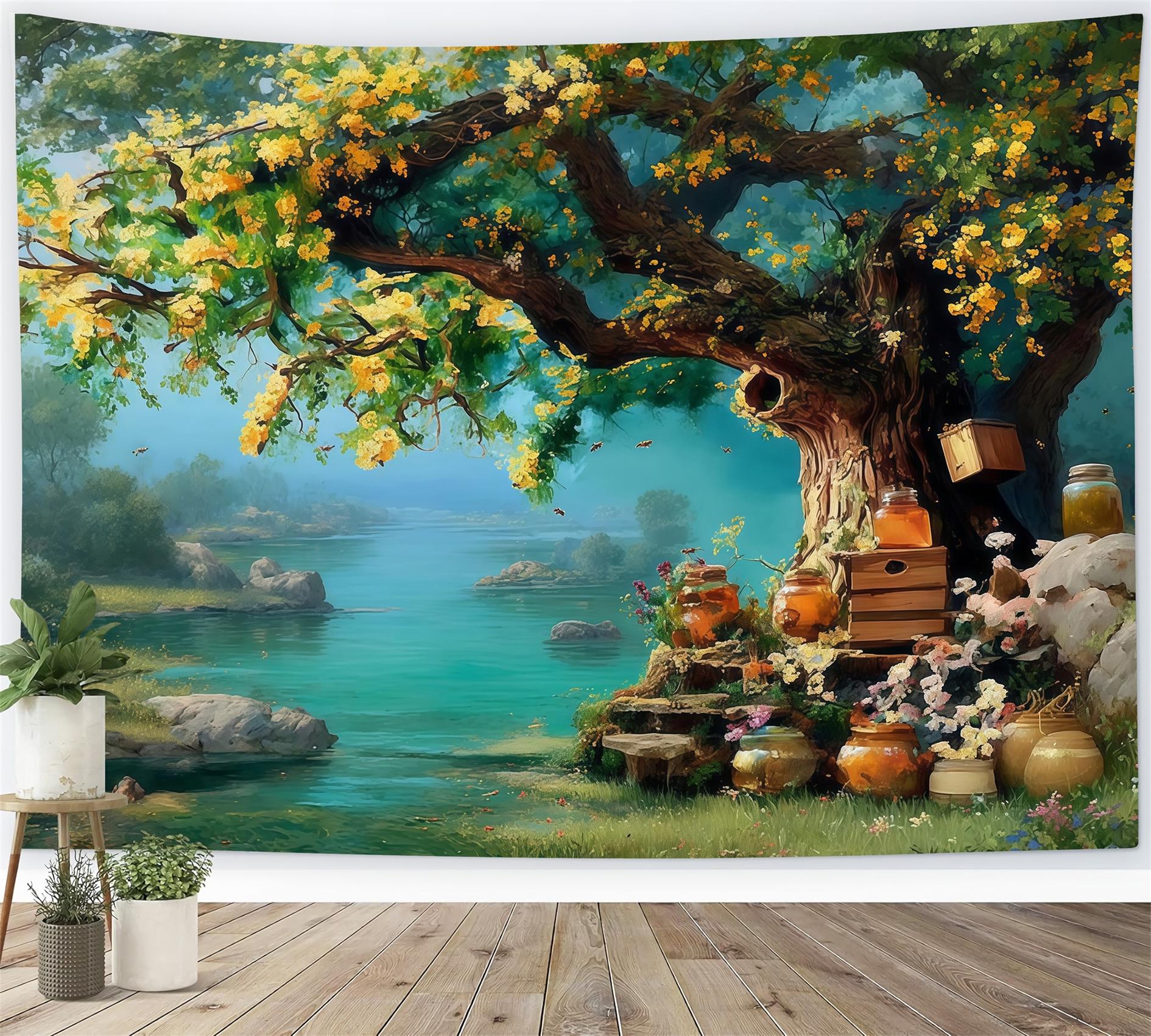 Ölgemälde-Fotohintergrund Goldener Honigbaum Flussufergarten Kunst-Fotohintergrund MRR9-64