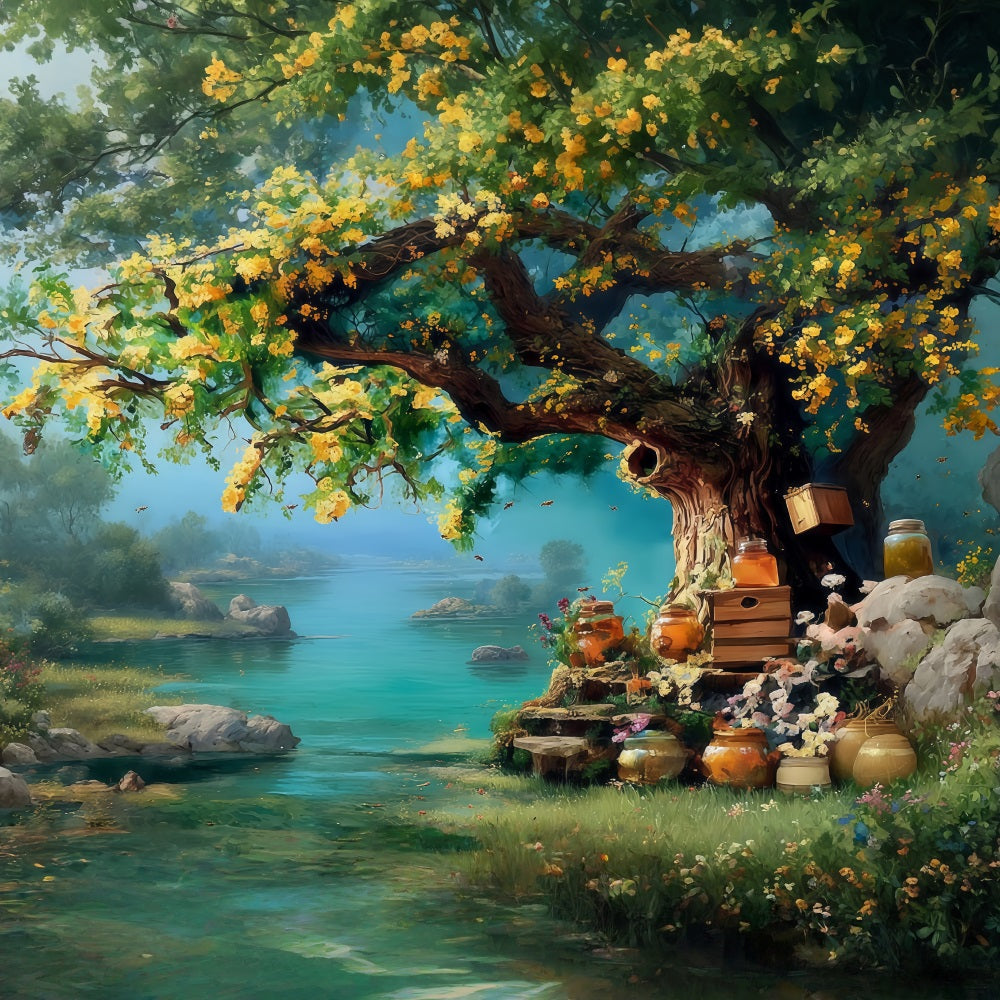 Ölgemälde-Fotohintergrund Goldener Honigbaum Flussufergarten Kunst-Fotohintergrund MRR9-64