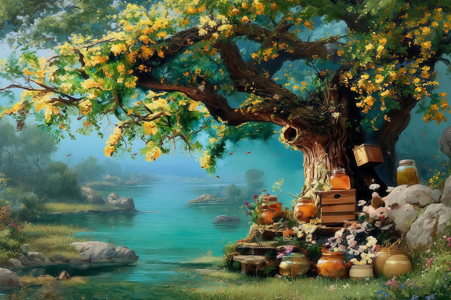 Ölgemälde-Fotohintergrund Goldener Honigbaum Flussufergarten Kunst-Fotohintergrund MRR9-64
