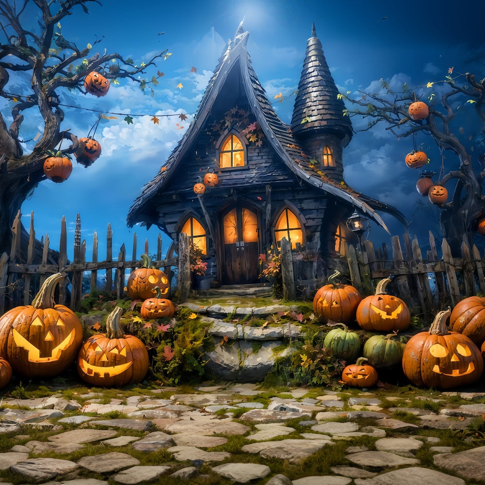 Halloween-Fotohintergrund Spukhaus mit Kürbissen Nacht Halloween-Fotohintergrund MRR9-68