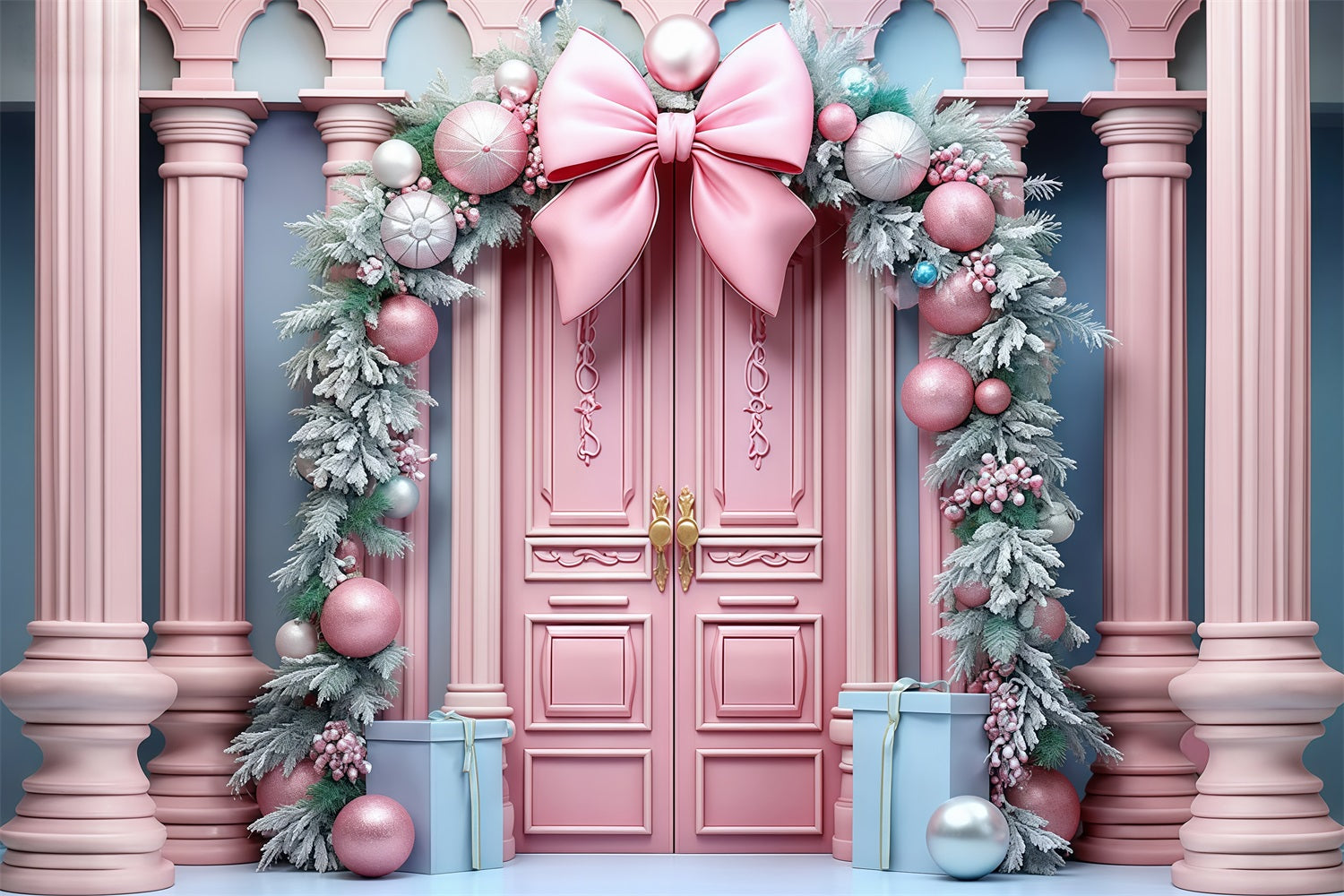 Rosa Weihnachtshintergrund Rosa Tür Schleife Girlande Weihnachtshintergrund MRR9-70